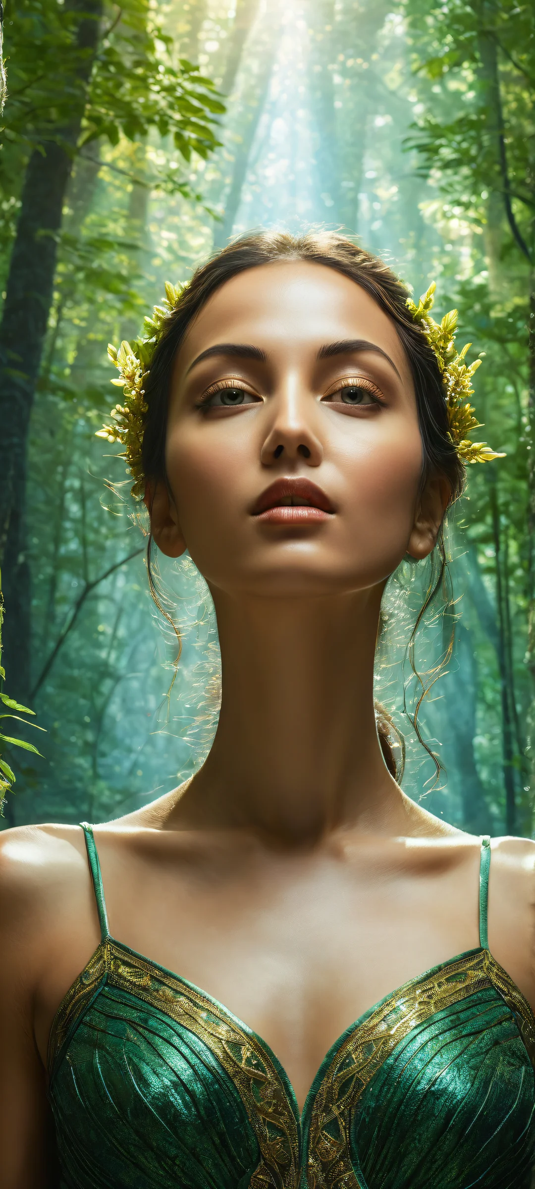 Stunning portrait of a woman surrounded by a mystical forest on iPhone/Android. Perfekt optimiert für Startbildschirme.