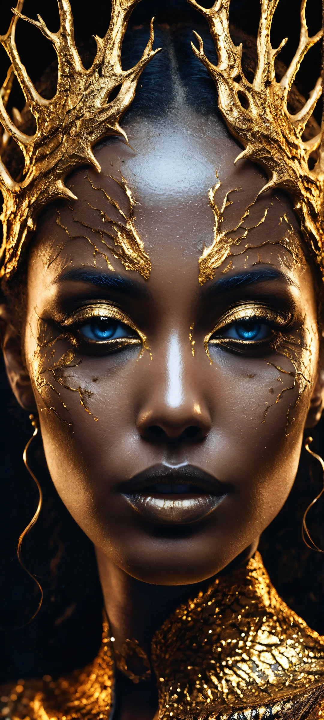 A stunning vertical portrait of a woman with skin like polished obsidian and eyes reflecting distant galaxies, perfect for iPhone/Android home screens.