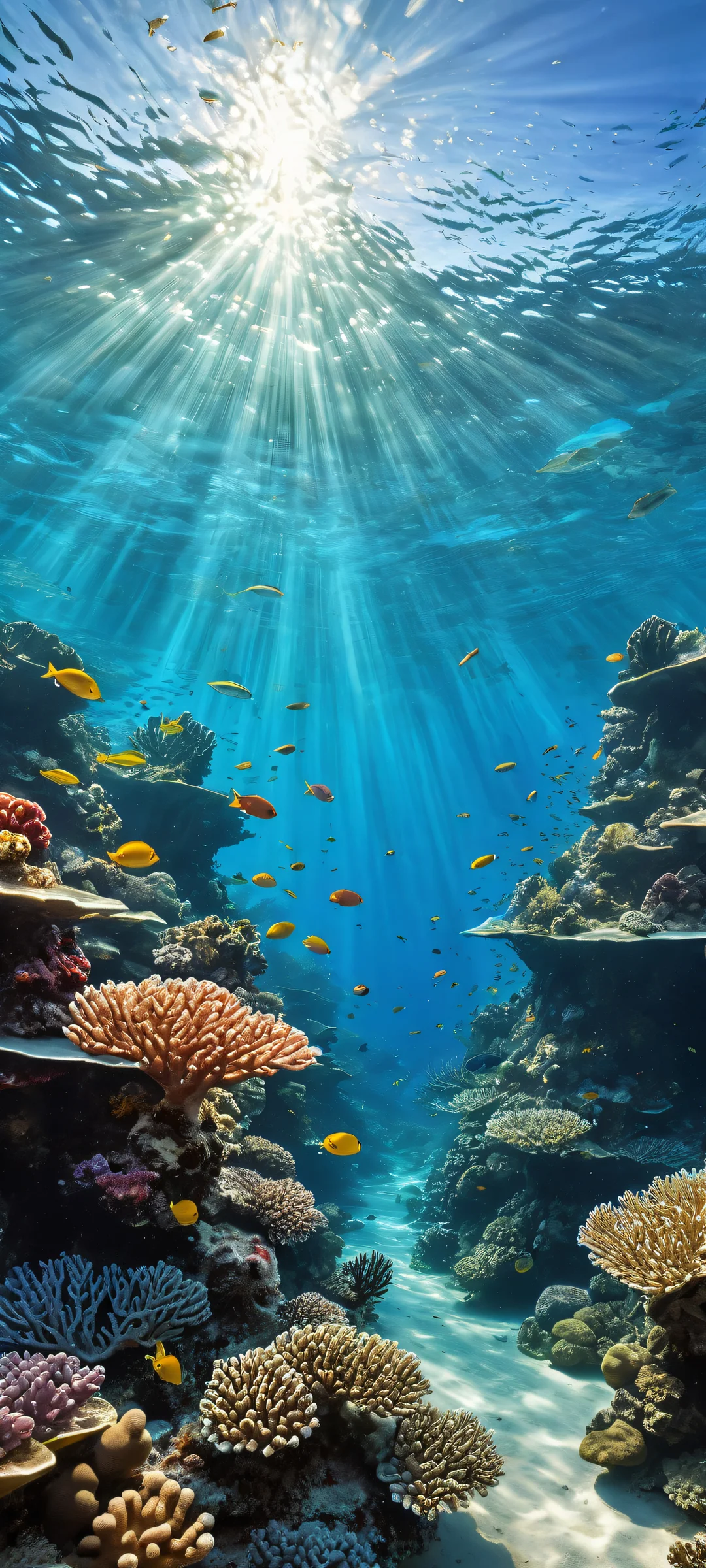 Majestic underwater scene of coral reefs and schools of fish for iPhone and Android home screens.