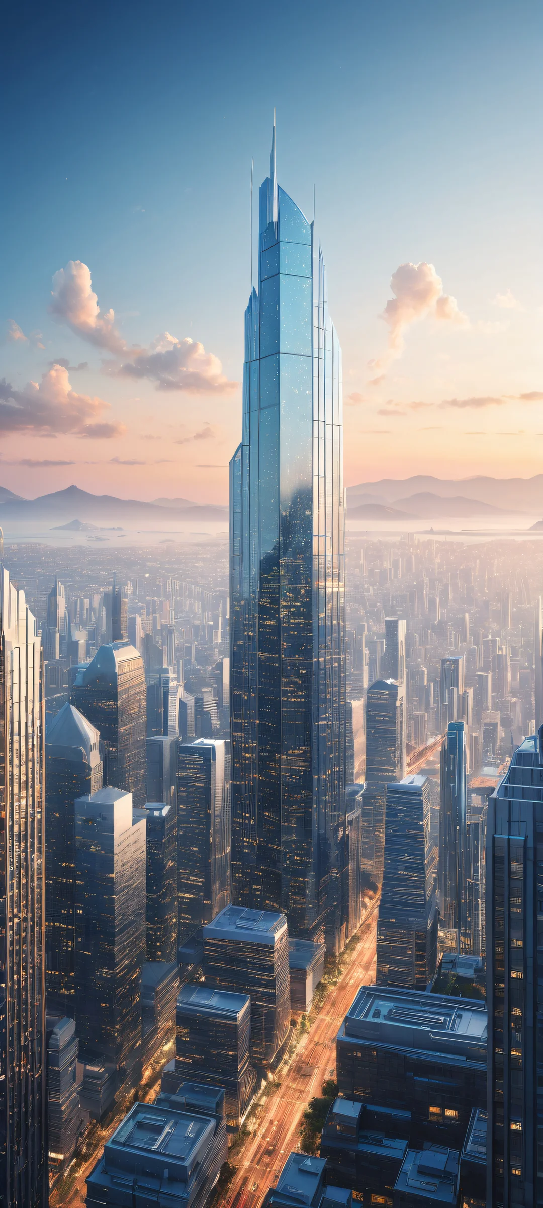 Minimalist cityscape with intricate details and serene atmosphere, perfectly suited for iPhone and Android home screens.