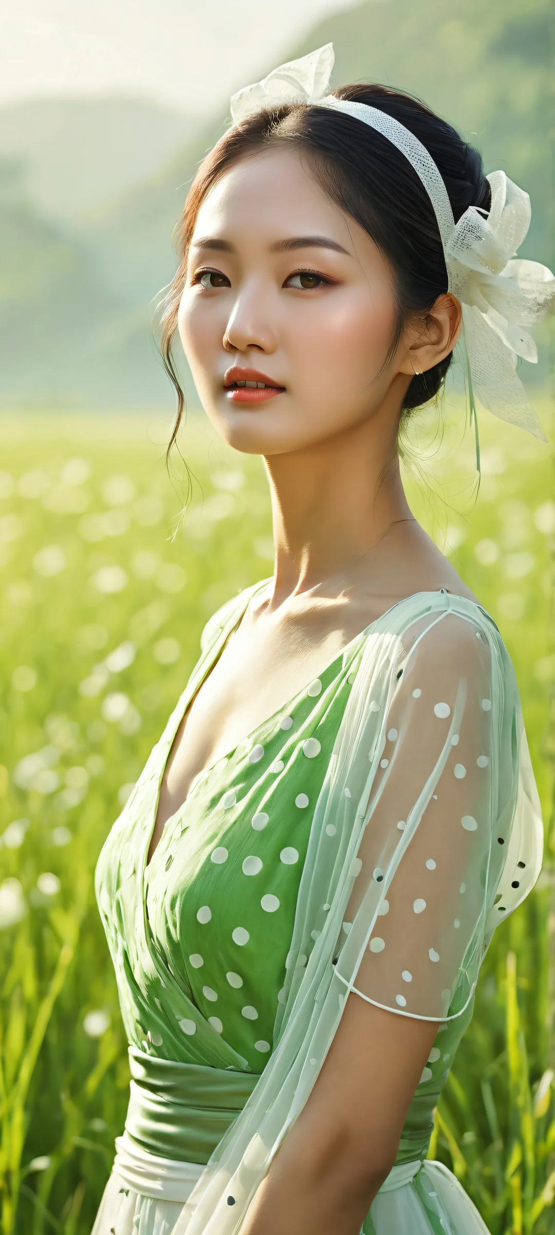 A serene Asian woman surrounded by lush green grass and intricate micro-details, perfectly optimized for iPhone/Android home screens.