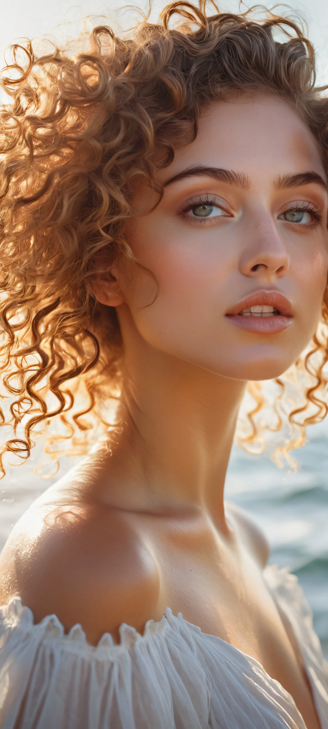 A stunning young woman with flowing curly hair gazing directly at the viewer from a dynamic angle, perfekt optimiert für iPhone/Android-Startbildschirme.