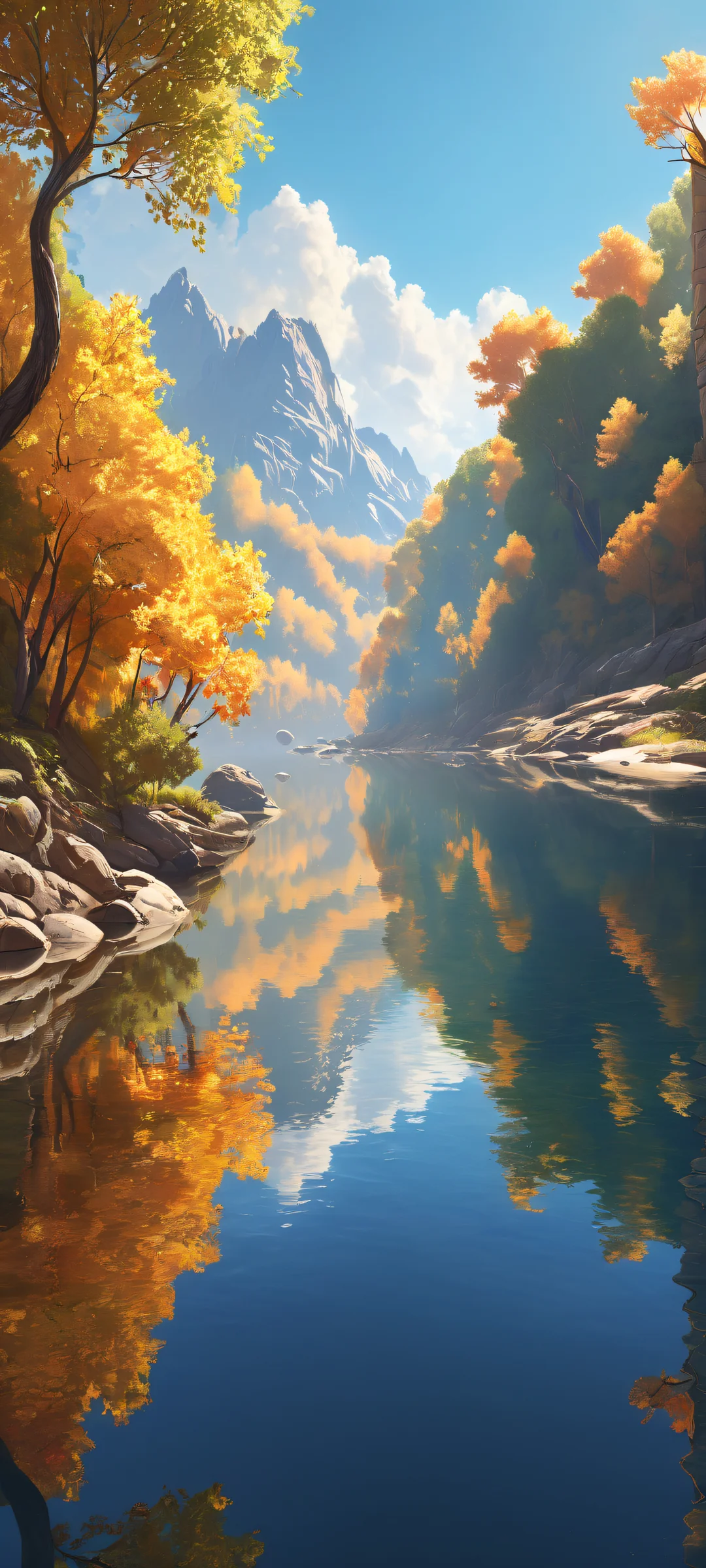 Breathtaking river scene with signature in the lower-middle, iPhone- und Android-kompatibel.