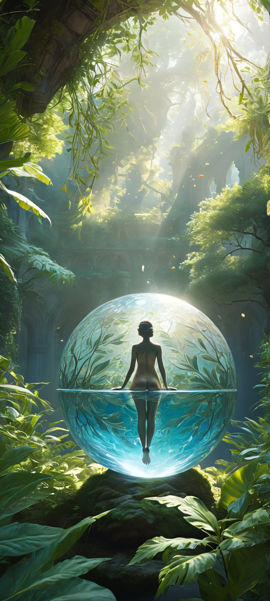 A serene underwater scene featuring an orb-wrapped statue amidst lush foliage on a perfectly clean and empty background, idéal pour les écrans d'accueil iPhone/Android.