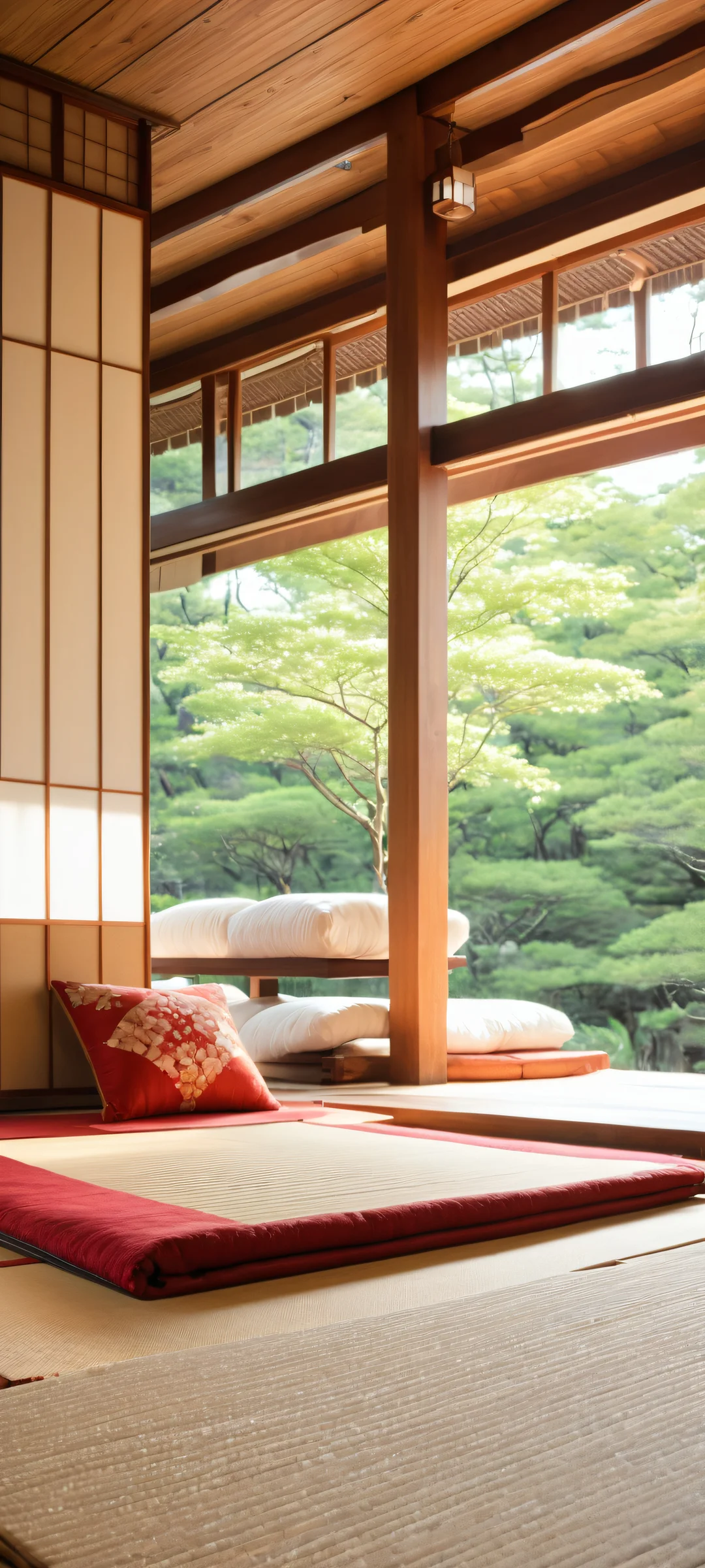 A majestic tatami mat placed in the lower-middle of an iPhone or Android home screen, surrounded by a serene forest landscape with towering trees and a rustic wooden pillar.