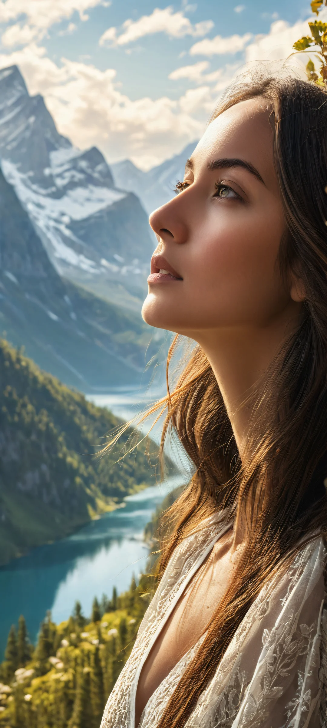 A majestic woman with long hair in a serene landscape on iPhone or Android, featuring intricate micro-details and ethereal lighting.
