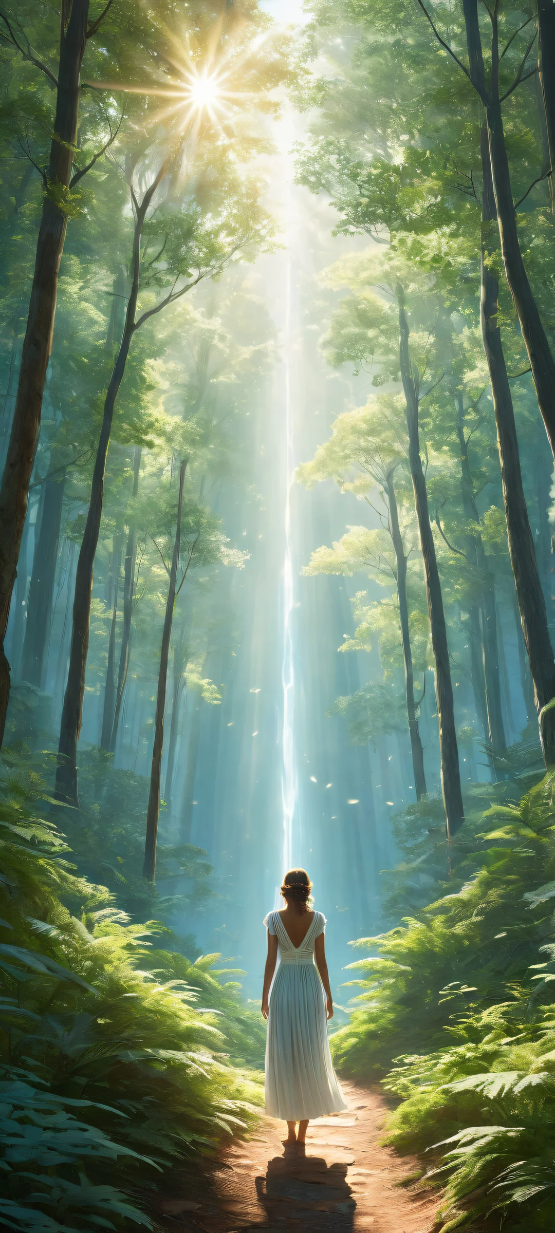 A serene woman stands in a mystical forest landscape with iPhone/Android