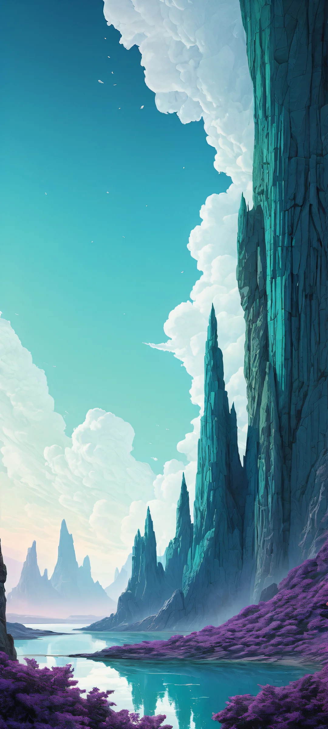 A surreal landscape featuring abstract shapes and forms on an iPhone or Android device, with a vast void above and intricate textures below.