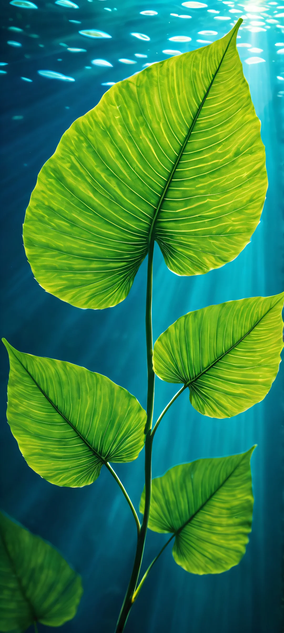 Underwater stem leaves on iPhone/Android wallpaper with ethereal lighting and micro-details