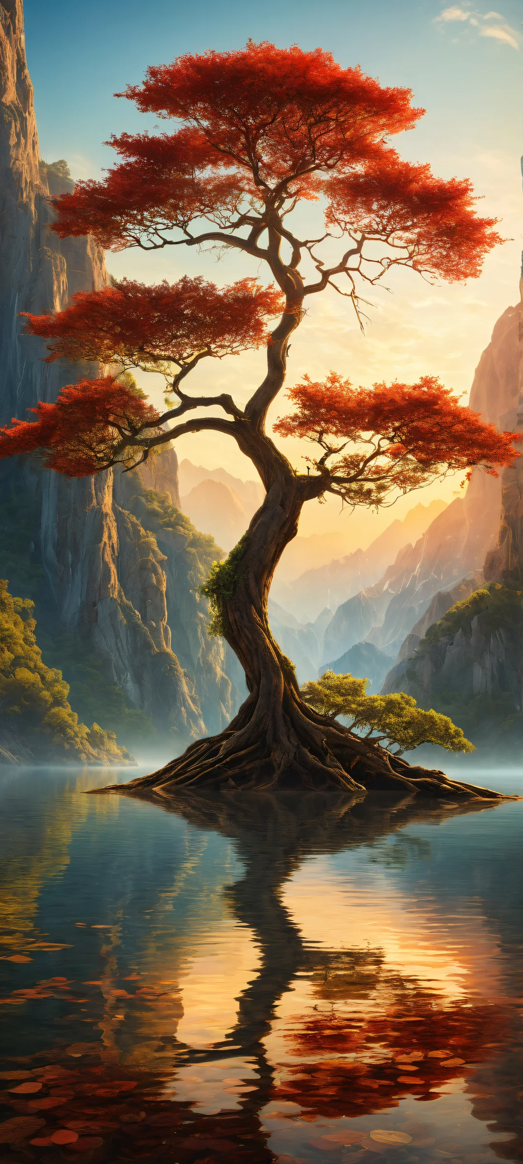 iPhone and Android wallpaper featuring an award-winning digital art piece of an ethereal tree, complete with intricate micro-details and glowing leaves, set against a vast void.
