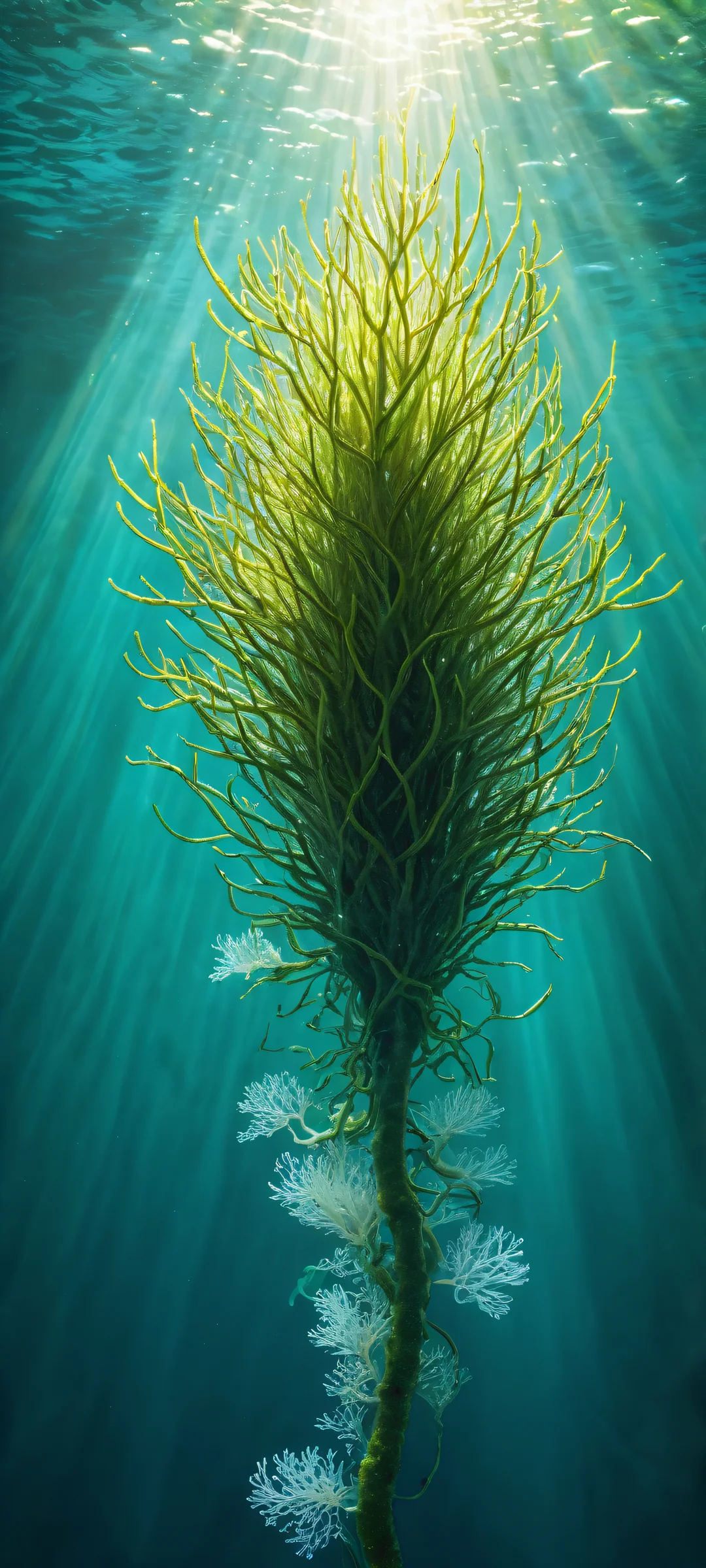 A majestic manmosu marimo glows with otherworldly light against a whimsical underwater scene, perfectly optimized for iPhone and Android home screens.