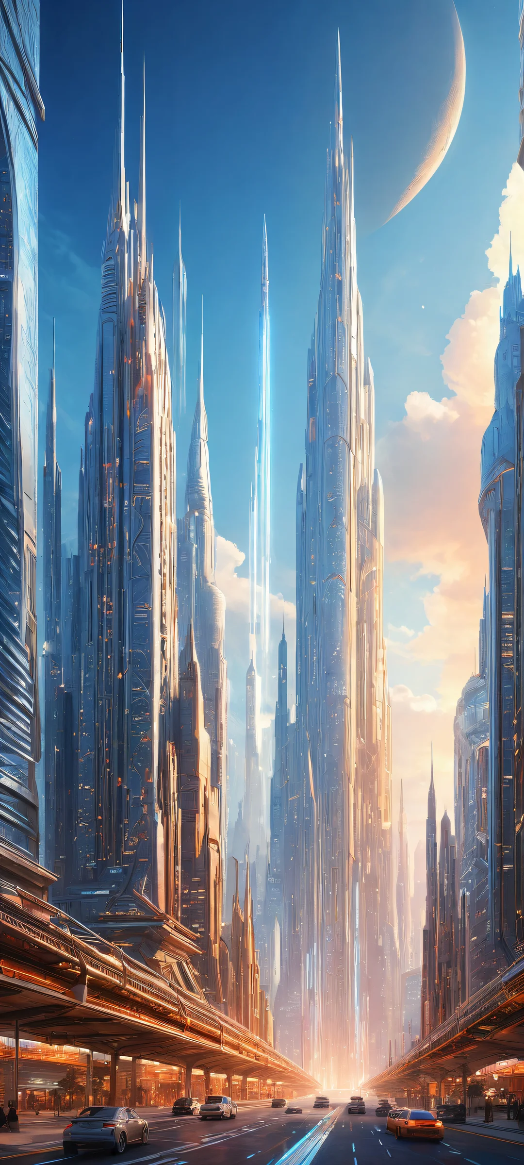 iPhone and Android users will be mesmerized by this breathtaking portrait of a futuristic cityscape with intricate micro-details, perfectly optimized for their home screens.