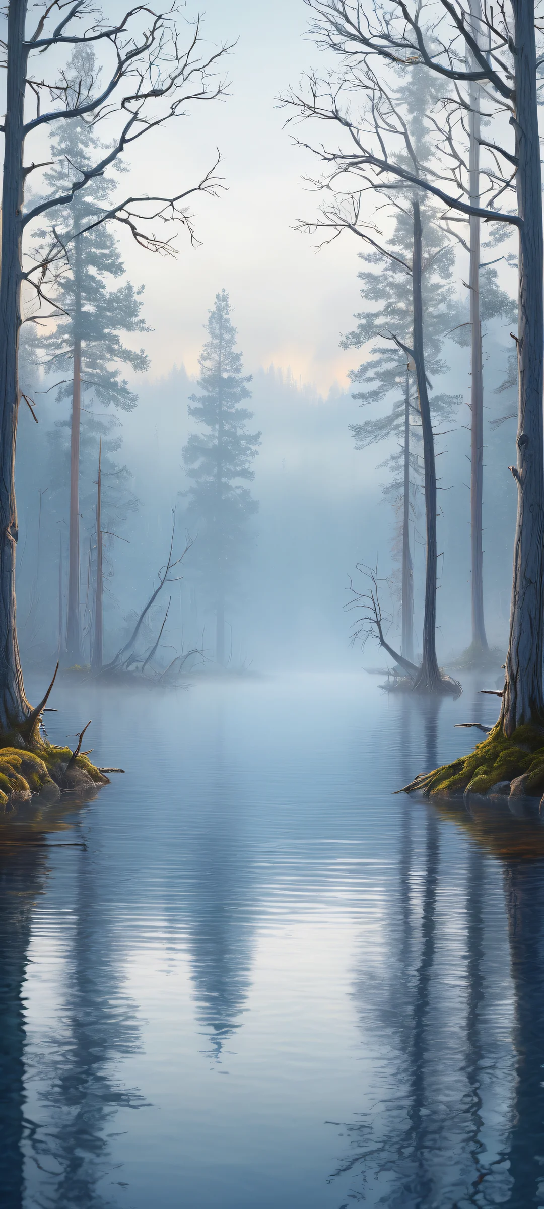 iPhone/Android wallpaper featuring a breathtaking portrait of dead trees and misty forest background with a serene lake in the distance, perfect for your mobile home screen.