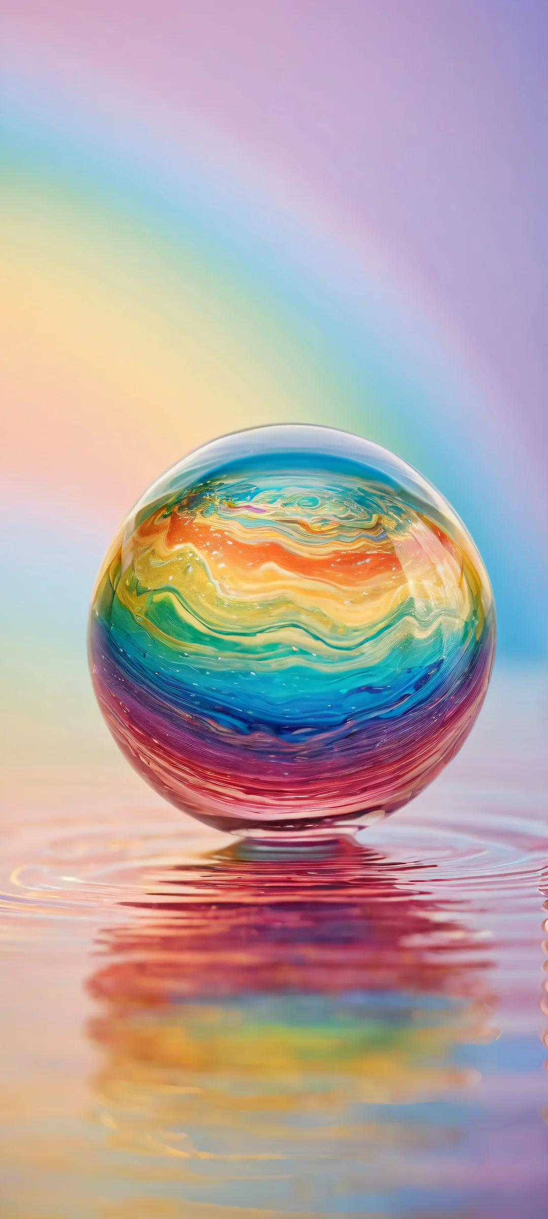 Stunning digital art featuring a glass marble surrounded by a rainbow swirling within water, perfect for iPhone and Android home screens.