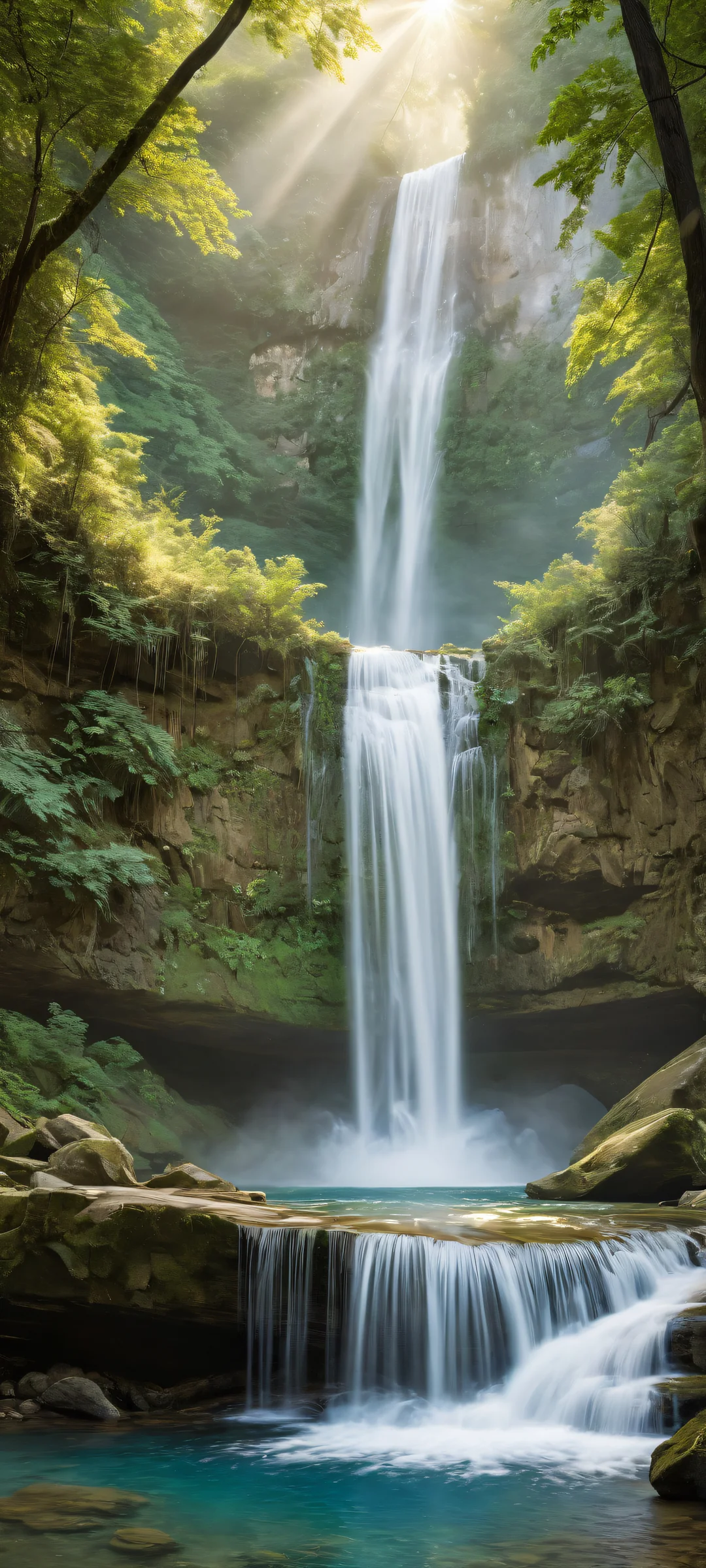 iPhone/Android wallpaper featuring a stunning waterfall in a crystal ball on an old wooden table, with intricate details and serene atmosphere.