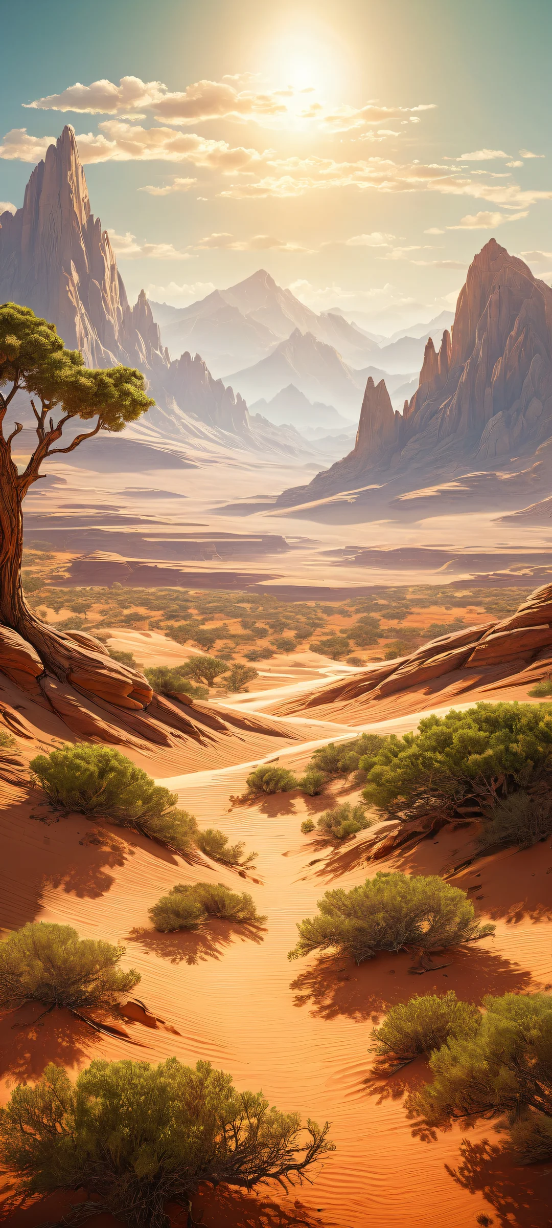 iPhone and Android users will love this breathtaking portrait artwork of an epic mountain landscape, complete with intricate tree textures and vast desert plains. Perfekt optimiert für das iPhone, Samsung Galaxy, und Android-Startbildschirme.