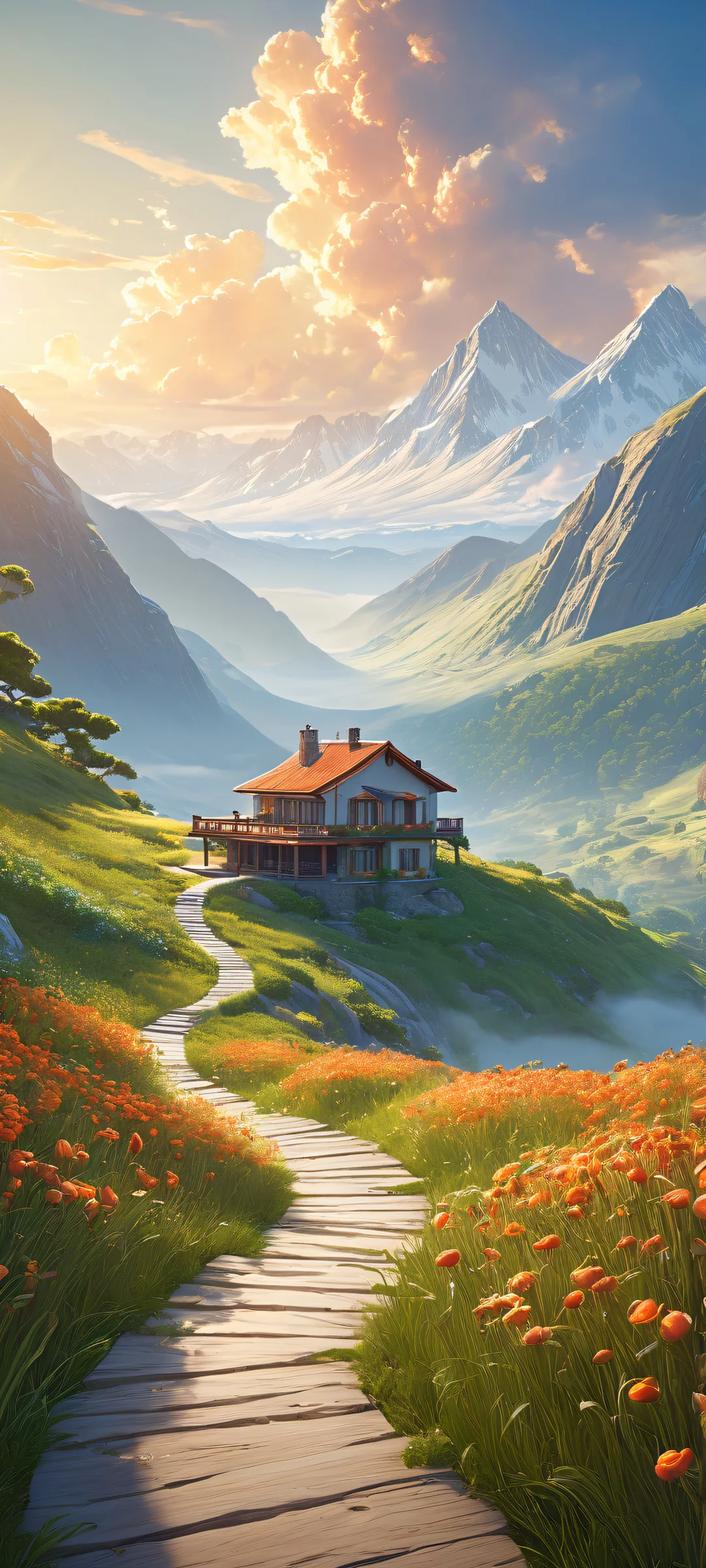 A serene digital illustration of a house placed in the lower-middle with insane micro-details, perfectly optimized for iPhone and Android home screens.