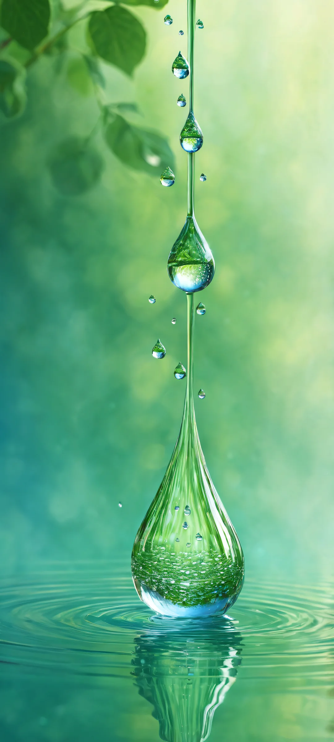 A serene and tranquil digital artwork featuring water drops placed in the lower-middle with intricate micro-details, iPhone/Androidのホーム画面に完全に最適化.