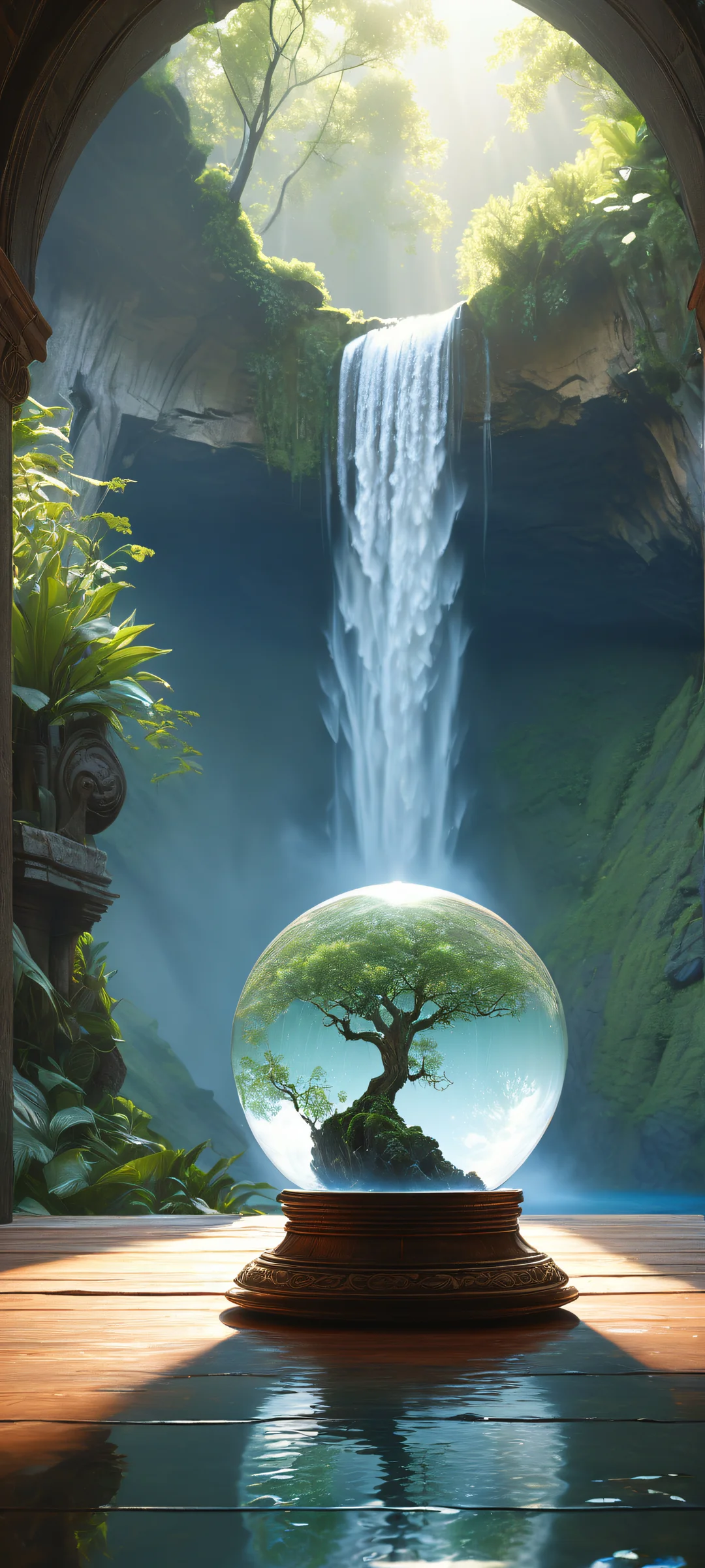 A stunning iPhone/Android wallpaper featuring a breathtaking vertical portrait artwork of Waterfall with intricate micro-details and ethereal lighting, perfectly optimized for home screens.