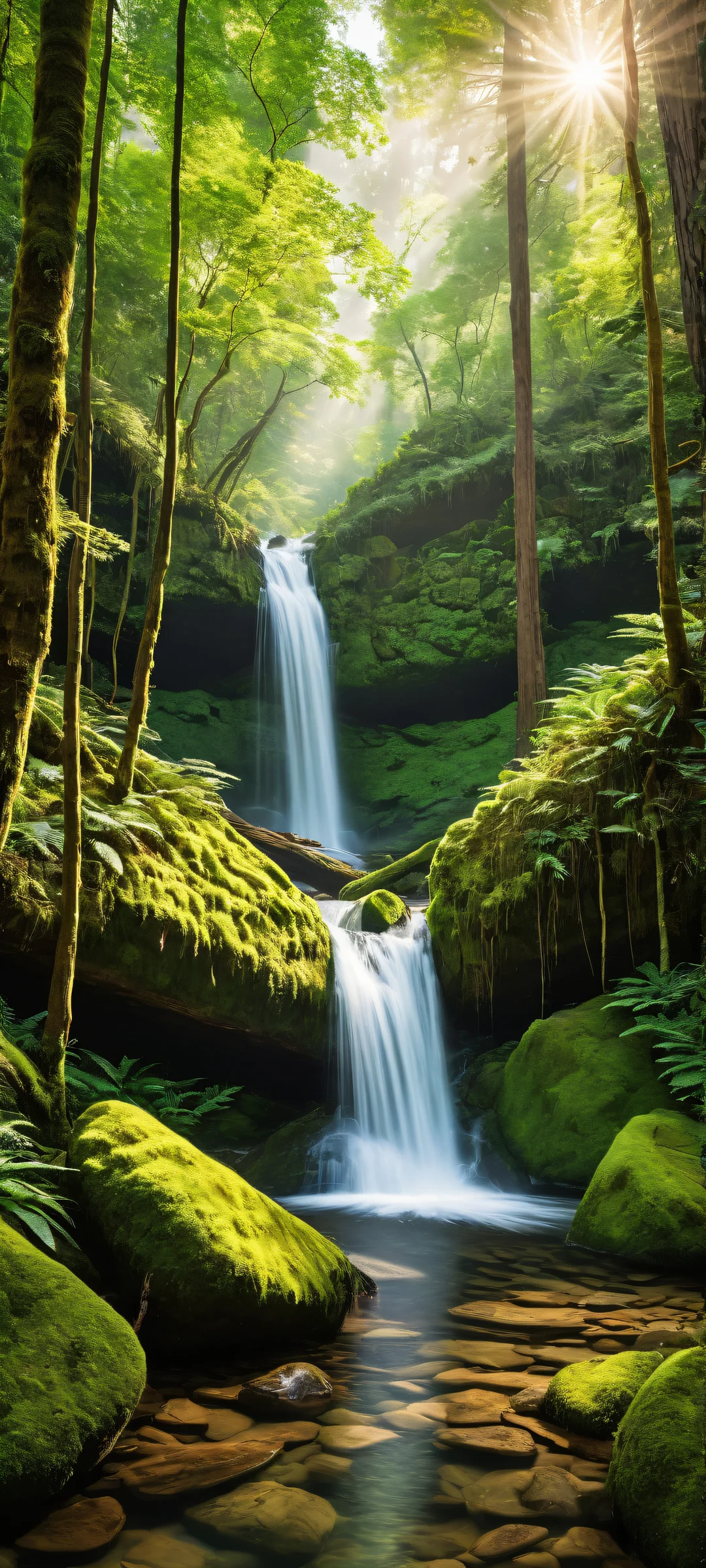 iPhone and Android wallpaper featuring a serene waterfall with moss-covered rocks and lush plants, perfect for UI breathing space.