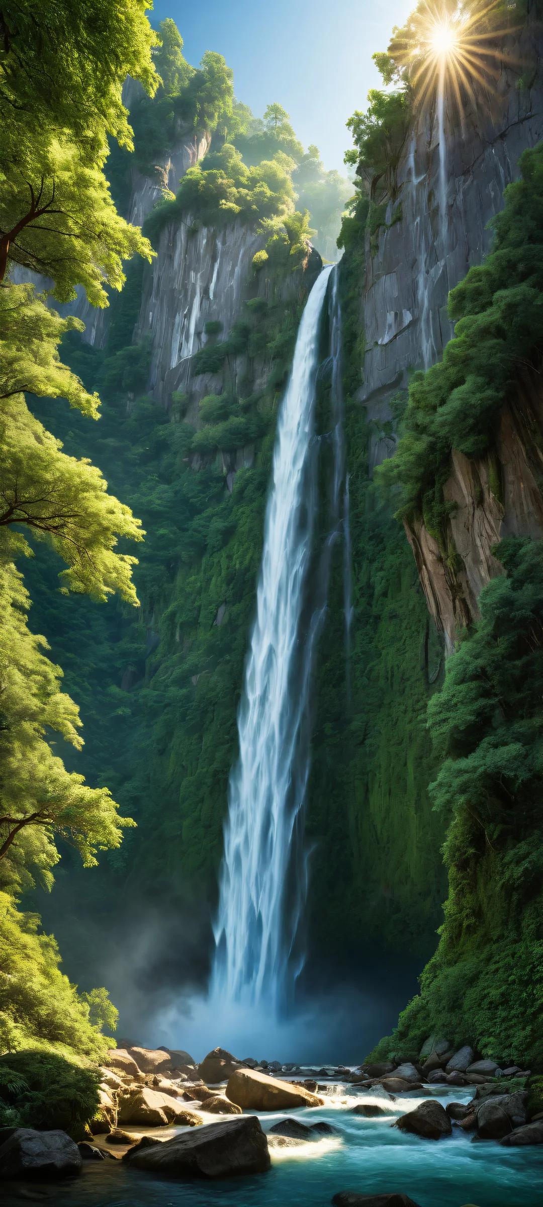 Majestic waterfall on iPhone or Android device with intricate greenery and trees, perfectly optimized for home screens.