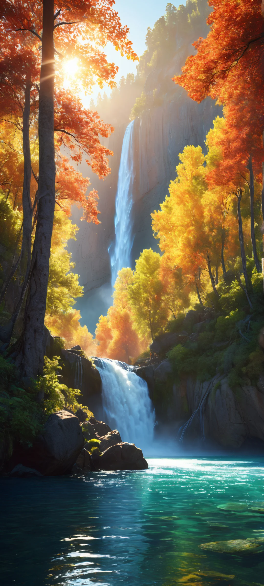 A serene lake surrounded by lush trees and a majestic waterfall in the distance, iPhone/Androidのホーム画面に最適.