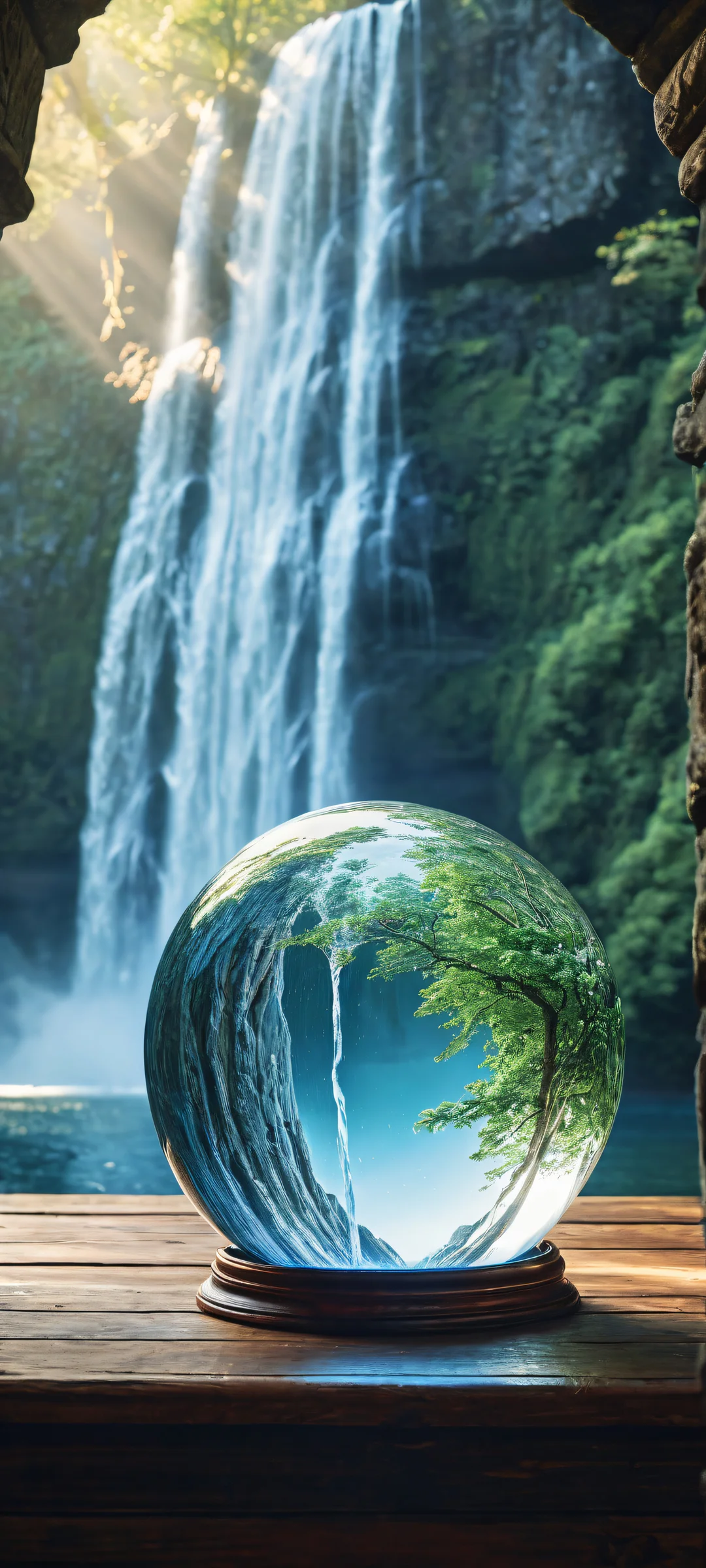 Mesmerizing waterfall pouring from a crystal ball on an old wooden table, parfaitement optimisé pour les écrans d'accueil iPhone et Android.