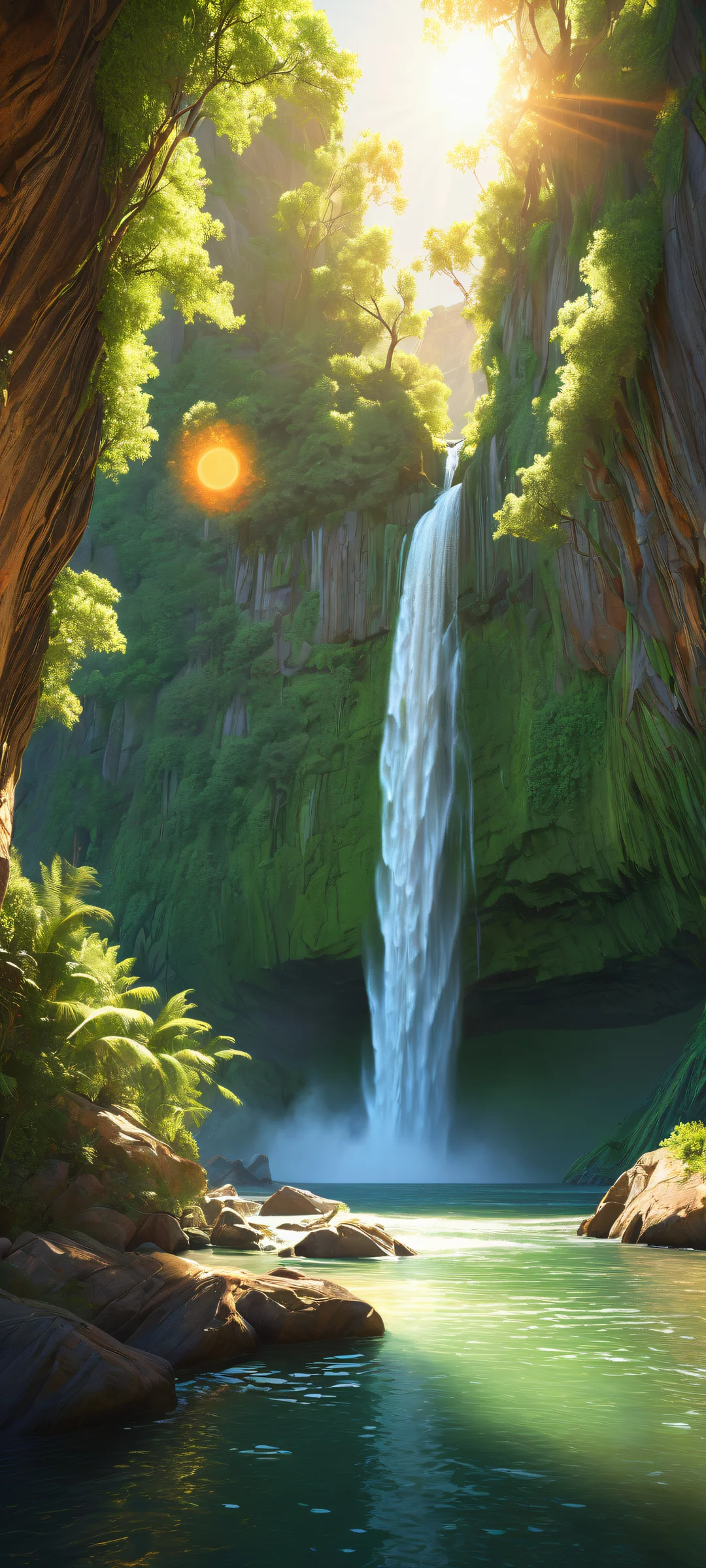 A majestic waterfall on a summer day, Perfectamente optimizado para pantallas de inicio de iPhone/Android..