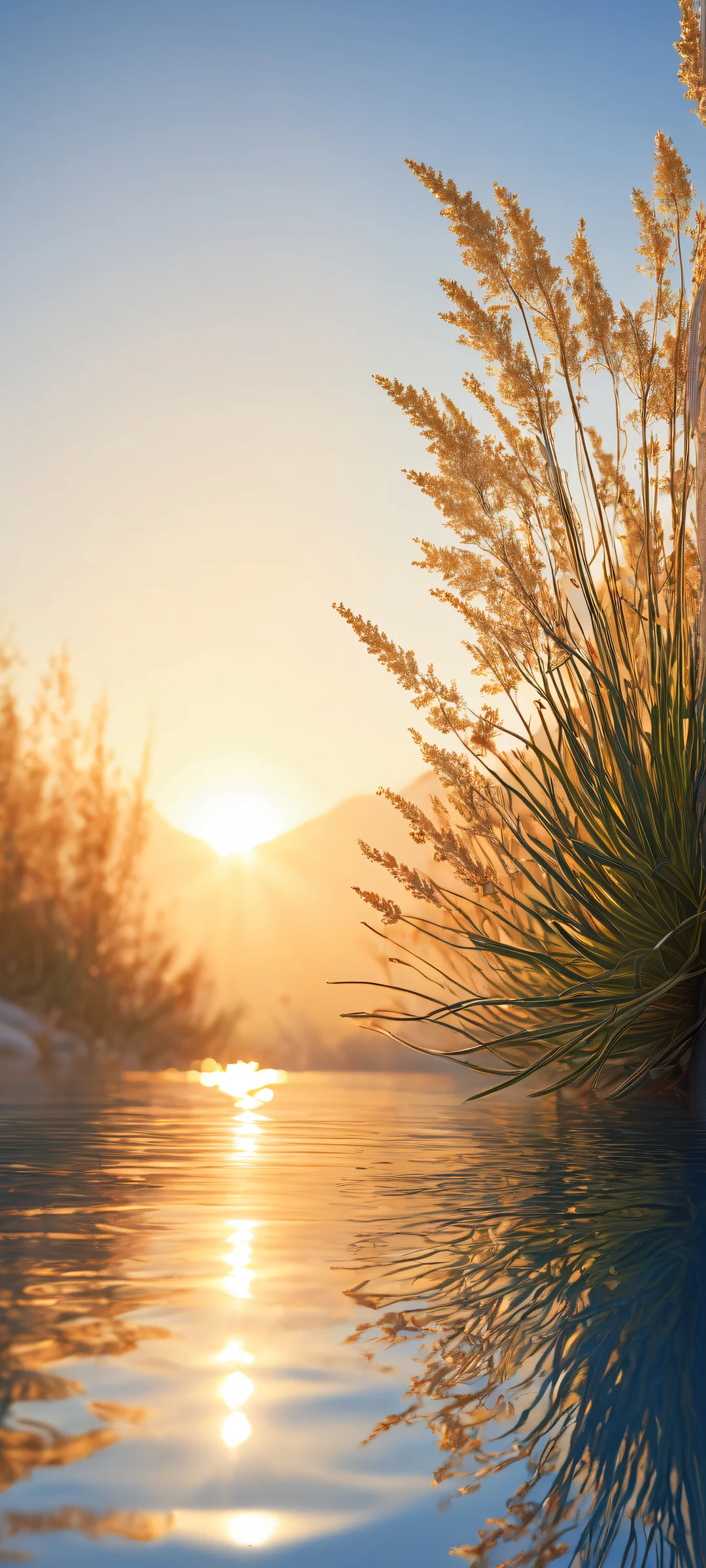 Delicate plants placed in the lower-middle with insane micro-details, iPhone/Android optimized wallpaper featuring serene void and vibrant sunset hues.