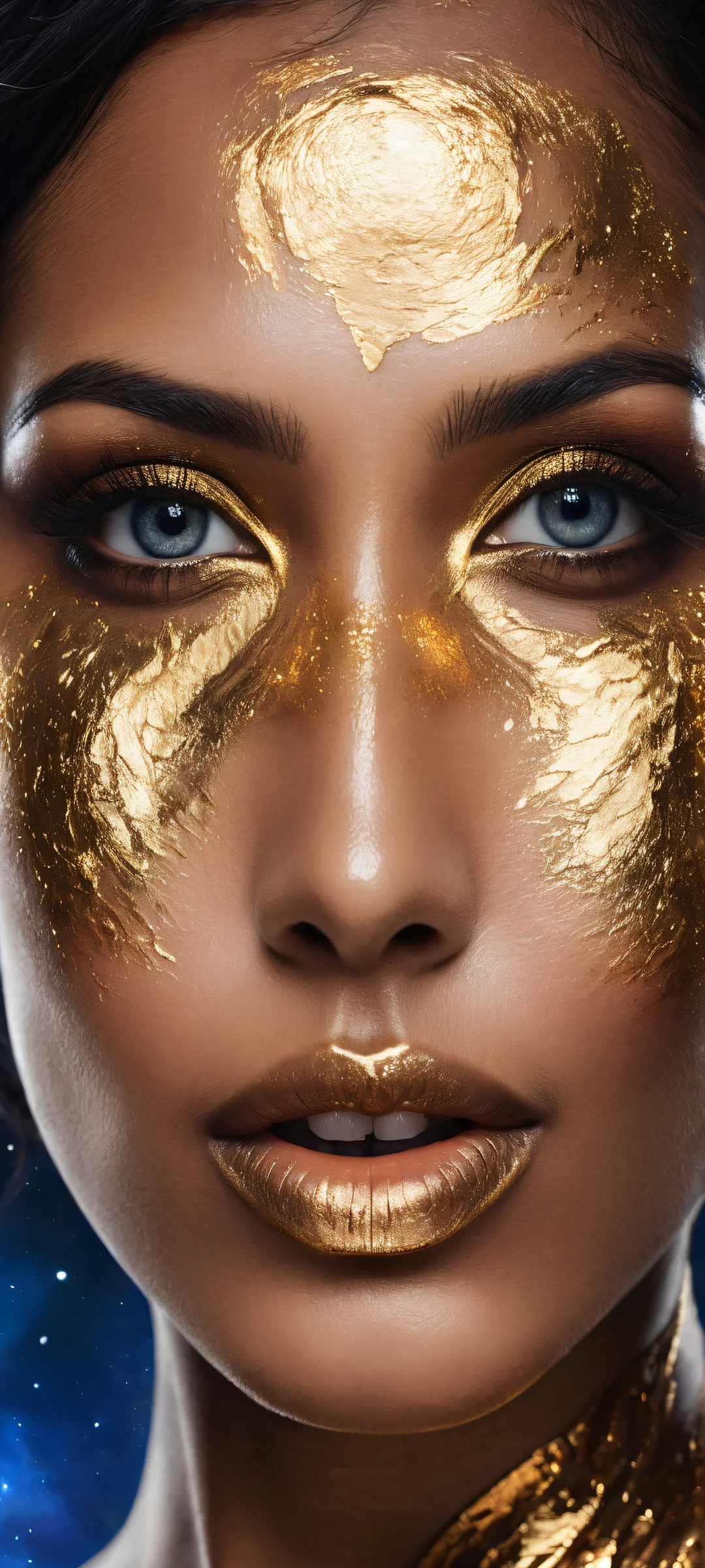 A stunning portrait of a woman with obsidian skin and glowing molten gold cracks, reflecting distant galaxies. Perfect for iPhone/Android home screens.
