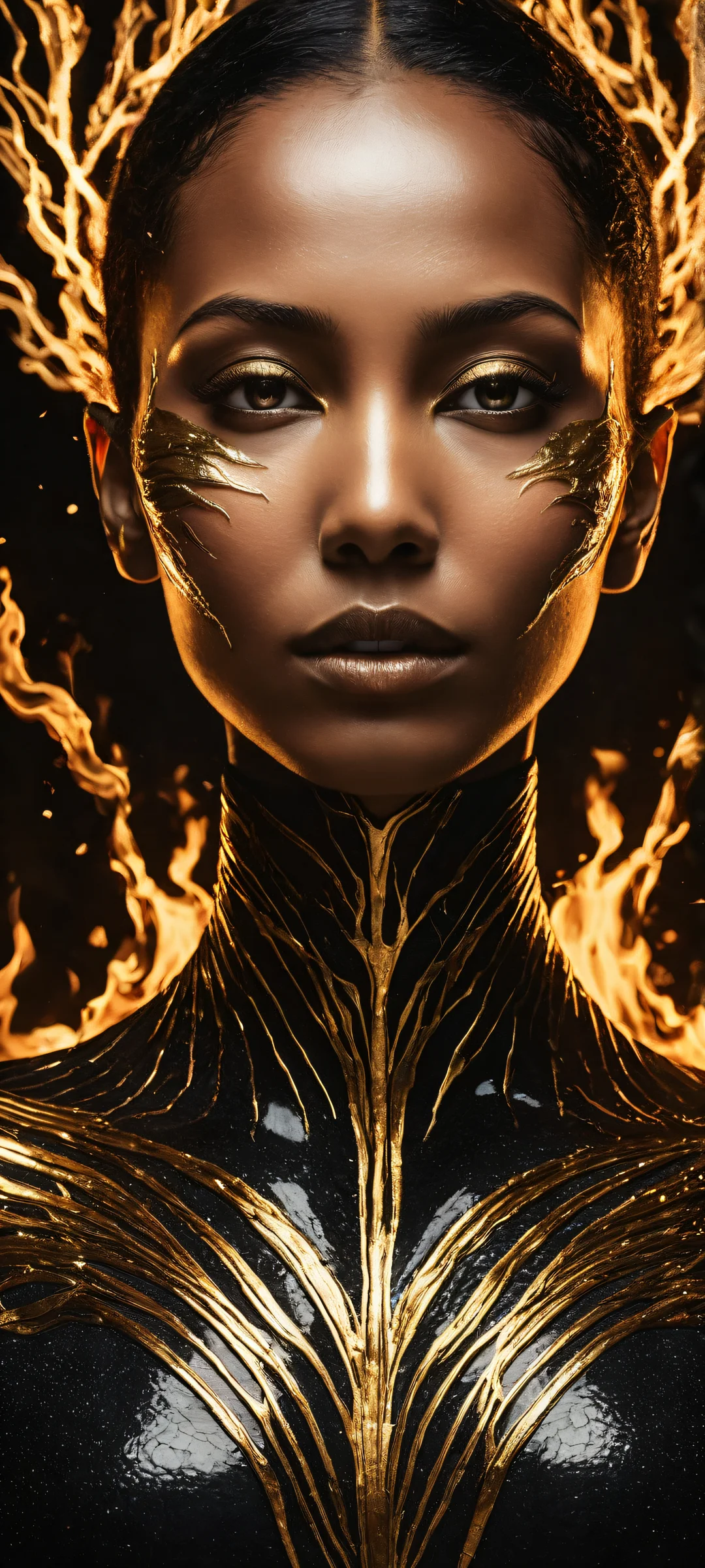 Ethereal Obsidian Lock Screen for iOS & Android A surreal portrait of a woman with skin like polished obsidian, featuring intricate micro-details and glowing molten gold spreading across her face. Perfectly optimized for iPhone, Samsung Galaxy, and Android home screens.