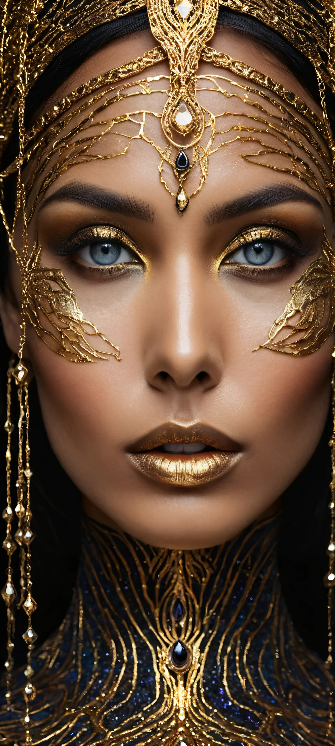 Ethereal Obsidian Aesthetic Phone Wallpaper Breathtaking surreal portrait of a woman with glowing molten gold on her face, reflecting distant galaxies in her eyes, for iPhone/Android home screens.