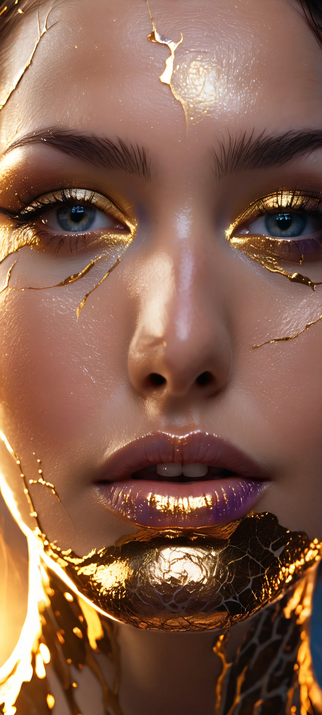 iPhone/Android stunning portrait of a woman with obsidian skin and glowing gold veins, against a celestial background