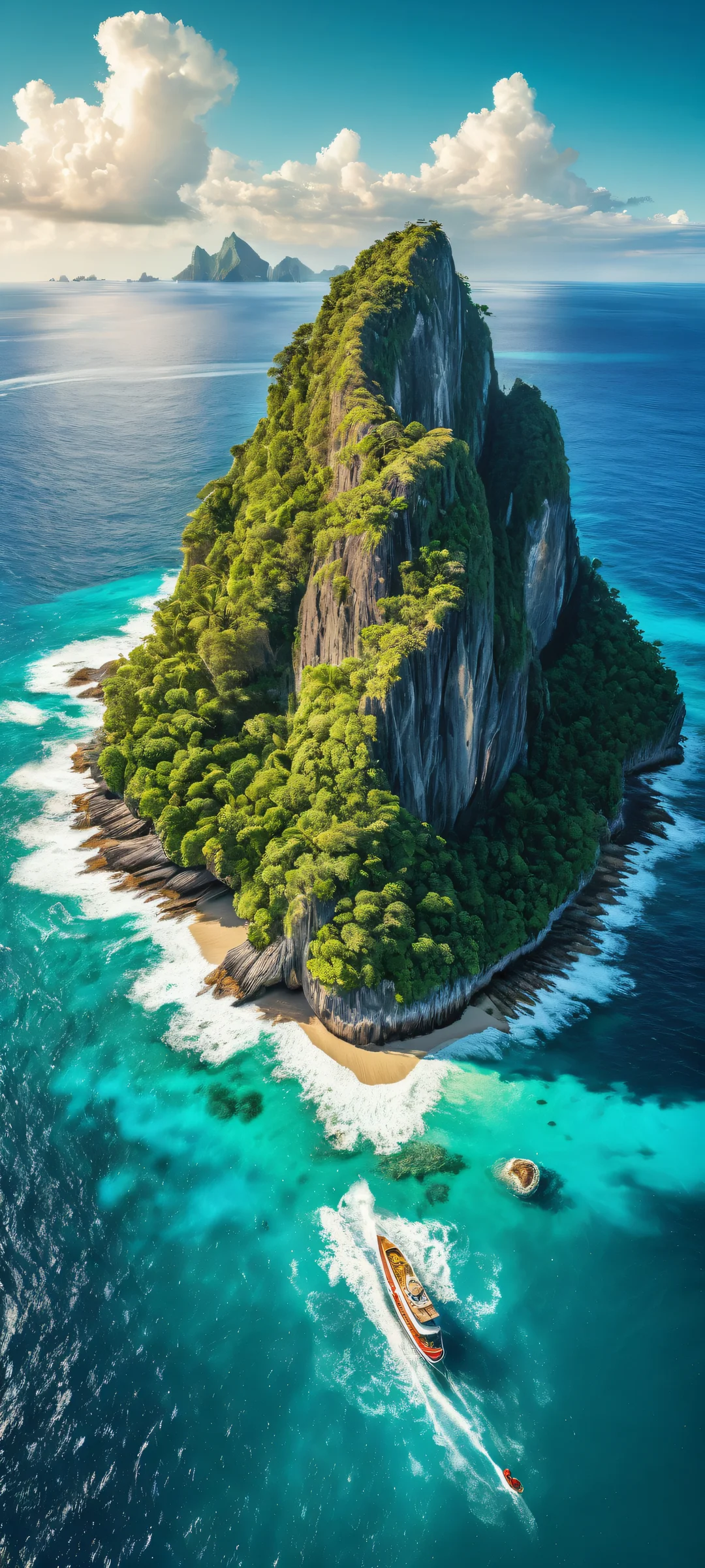 Breathtaking vertical portrait artwork of an island landscape with coral reefs and waterfalls on iPhone/Android