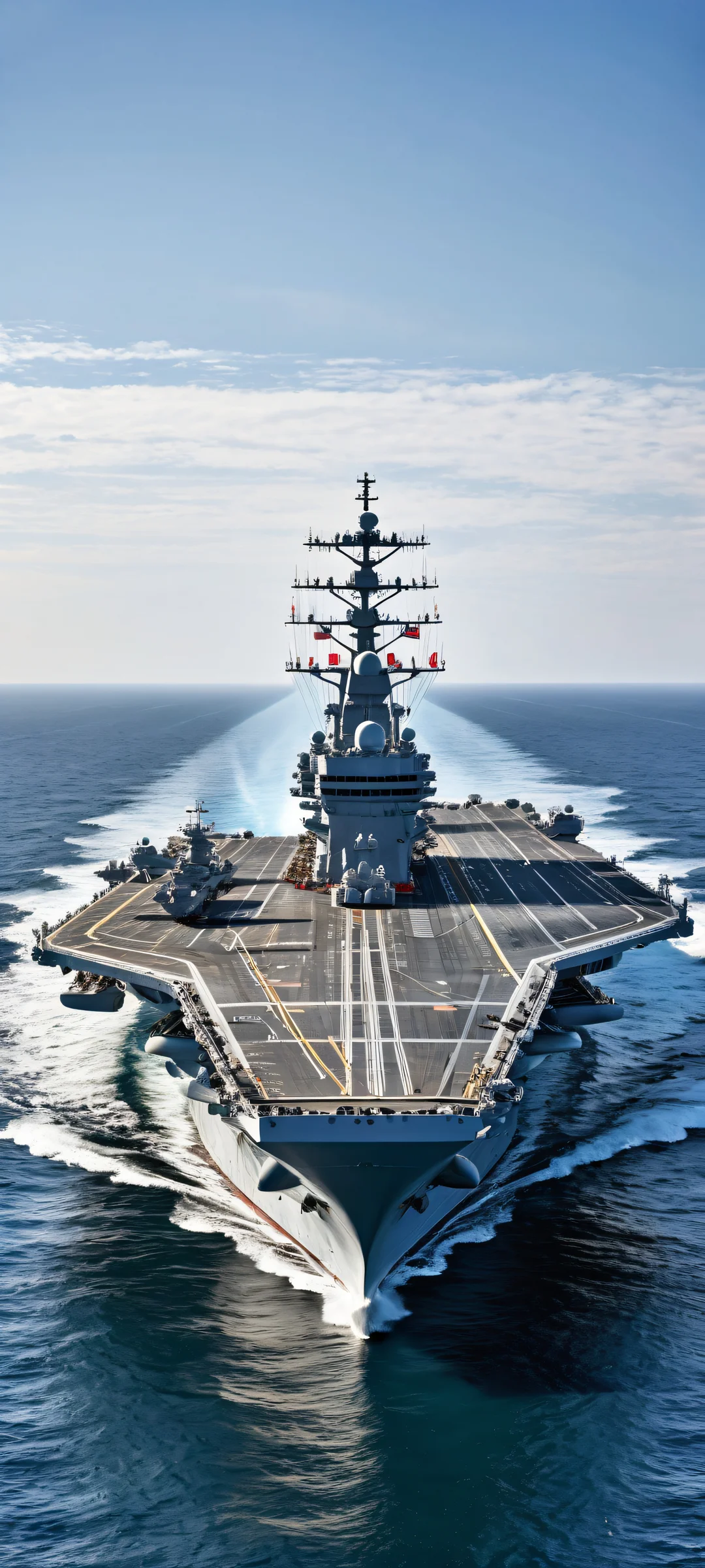 Ethereal Oceanscape iPhone & Samsung QHD Wallpaper A breathtaking vertical portrait of an aircraft carrier, with intricate micro-details of the ship's deck and propellers, perfectly clean top half, and a subtle gradient of blue and gray evoking the endless ocean, for iPhone/Android.