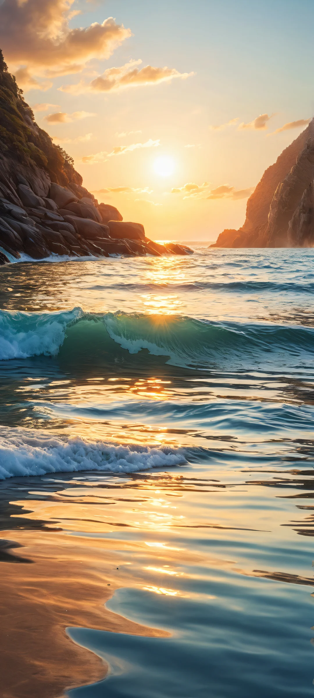 Seashore landscape on iPhone/Android with sunset glow and ray-traced reflections.