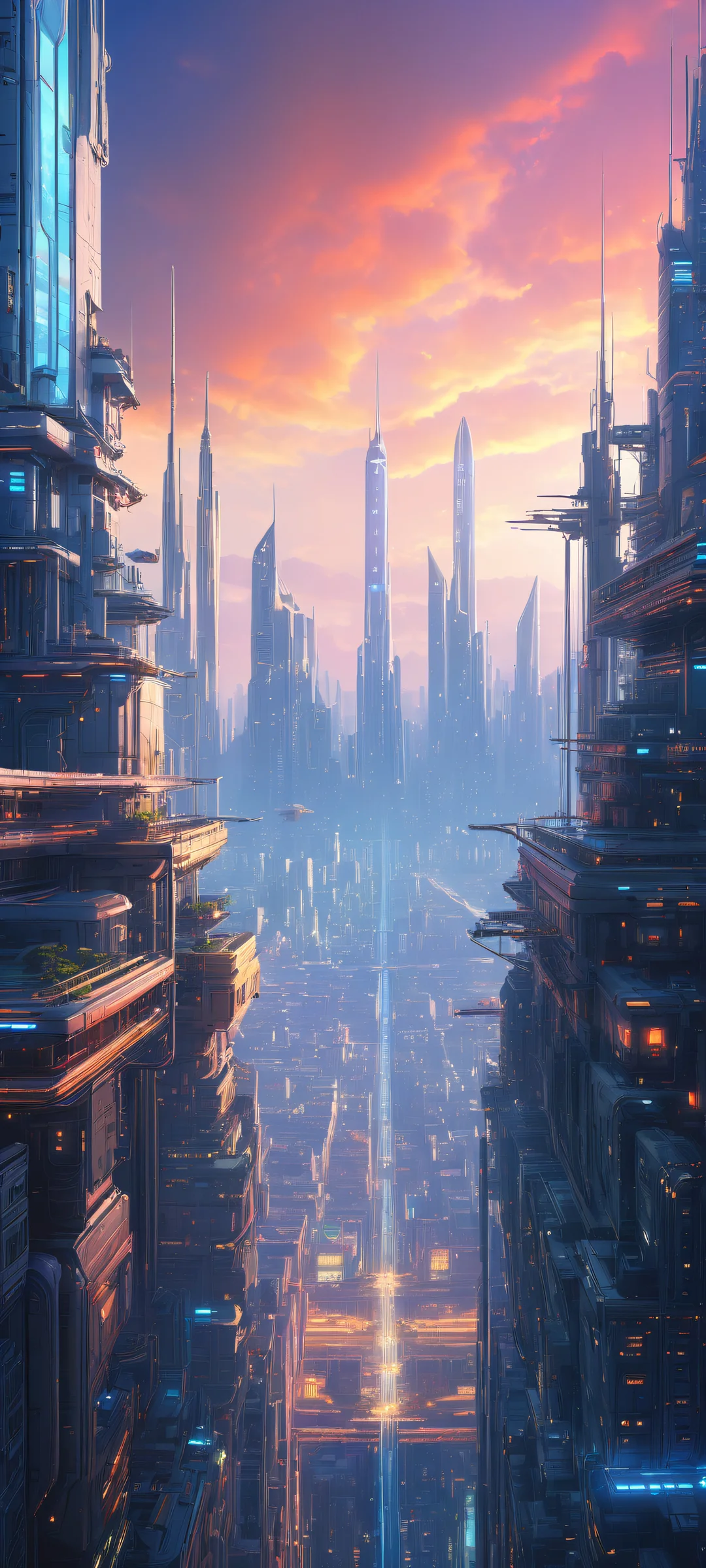 Breathtaking portrait artwork of a futuristic cityscape on an iPhone or Android, with intricate details and radiant lighting.