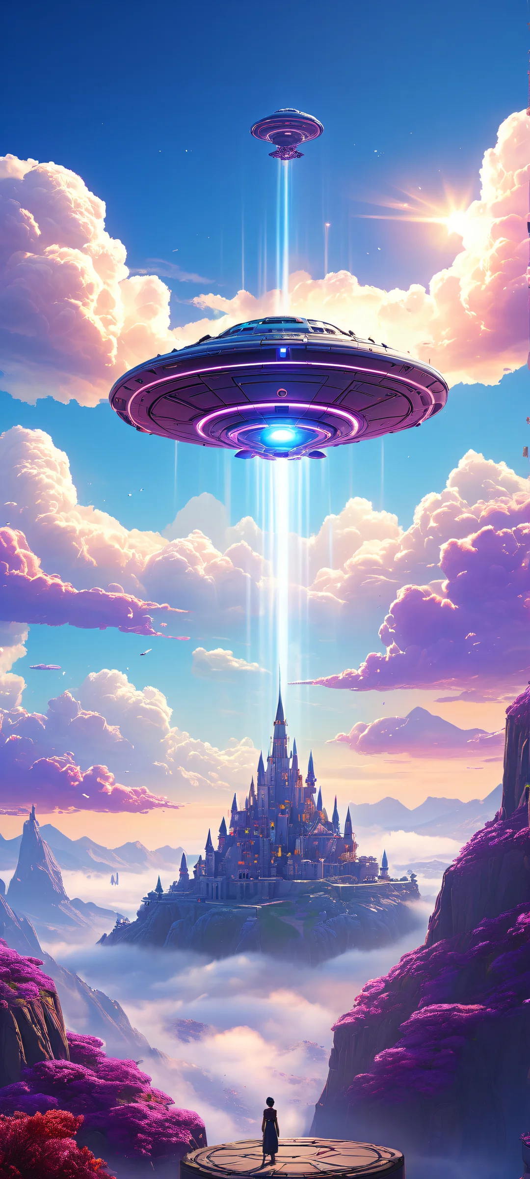 A stunning UFO artwork on a iPhone/Android with intricate castle blocks and colorful robots amidst clouds and sky, parfaitement optimisé pour les écrans d'accueil mobiles.