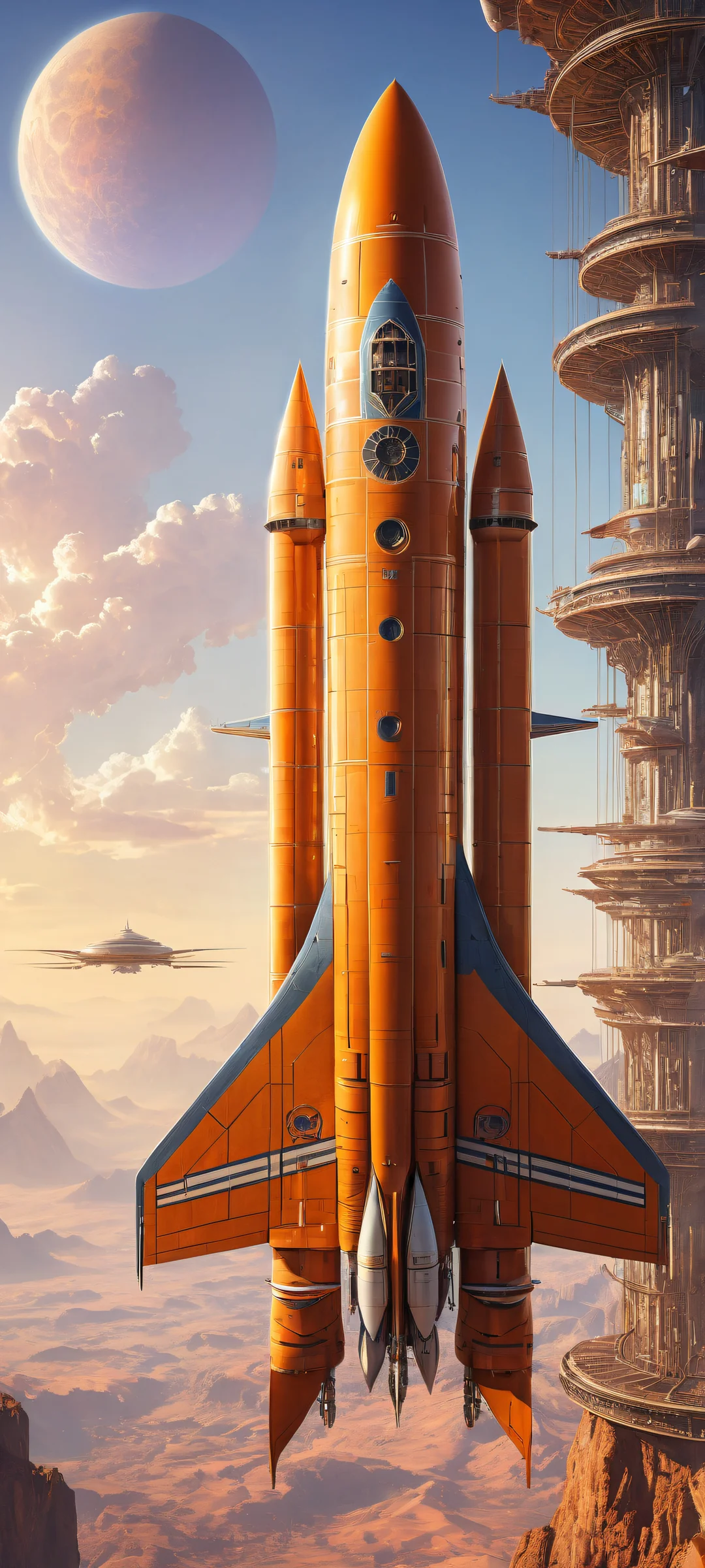 Vintage spaceship artwork perfectly suited for iPhone/Android devices, with intricate details and a mystical fantasy realm unfolding below.