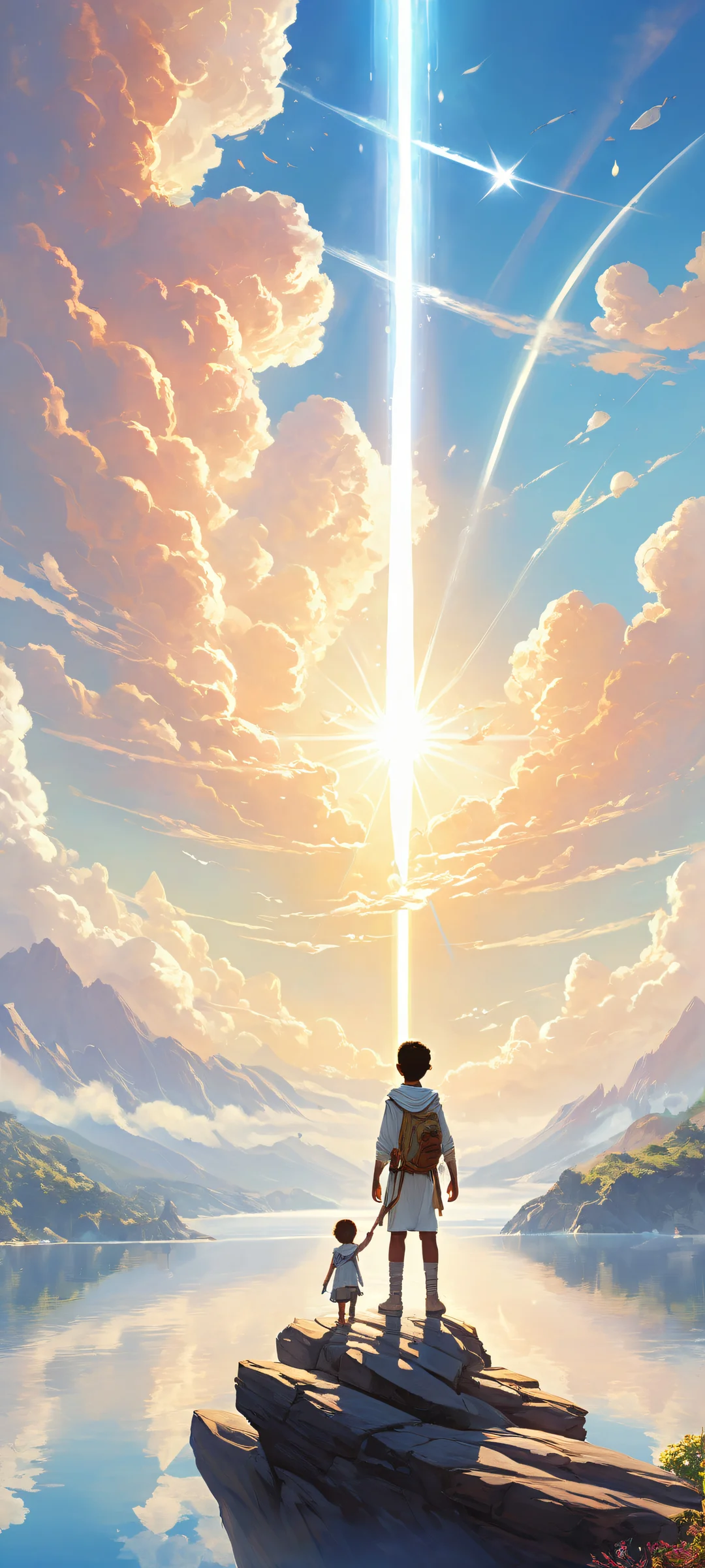 Breathtaking video game characters from Sky: Children of the Light against a serene void on iPhone and Android devices.