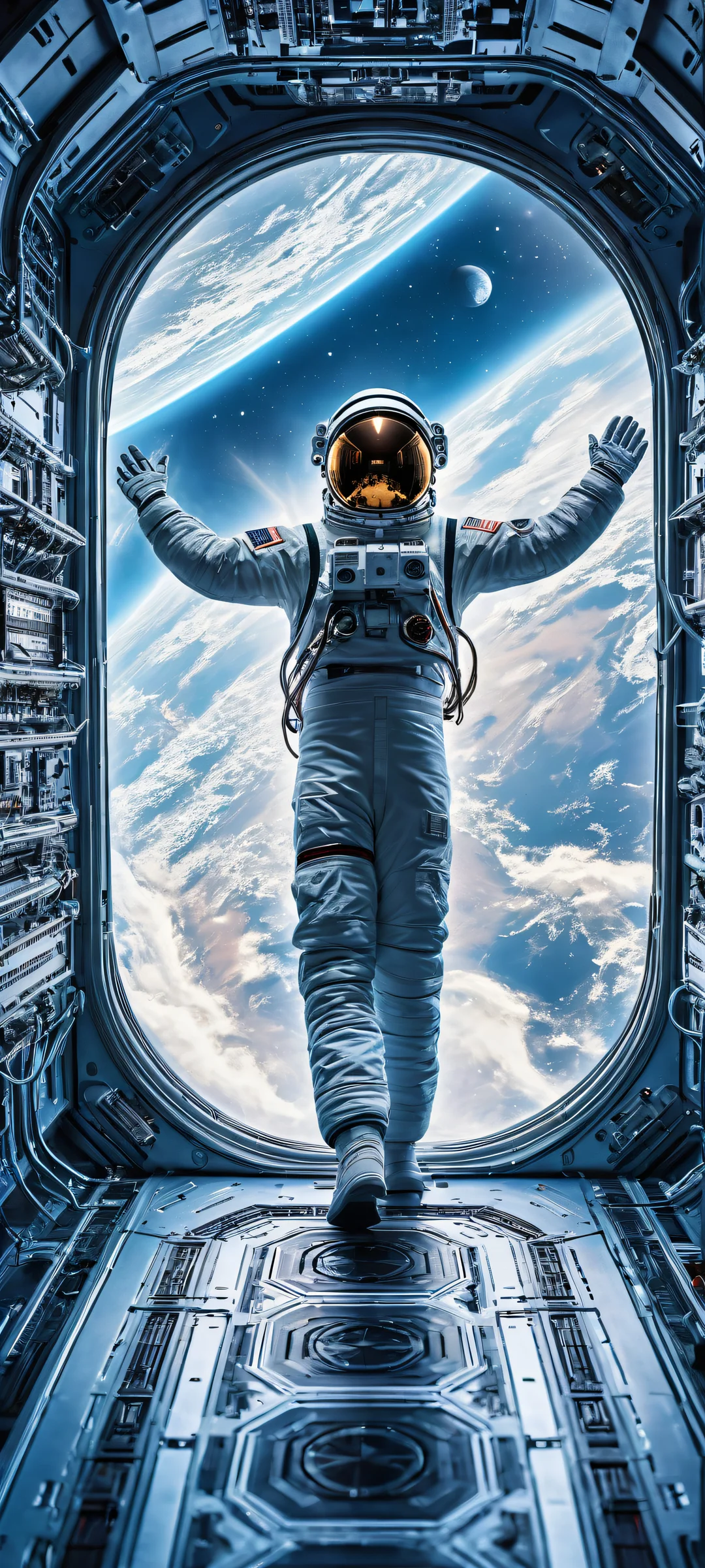 Astronaut in control panel of futuristic spaceship with cosmic background on iPhone/Android wallpaper.