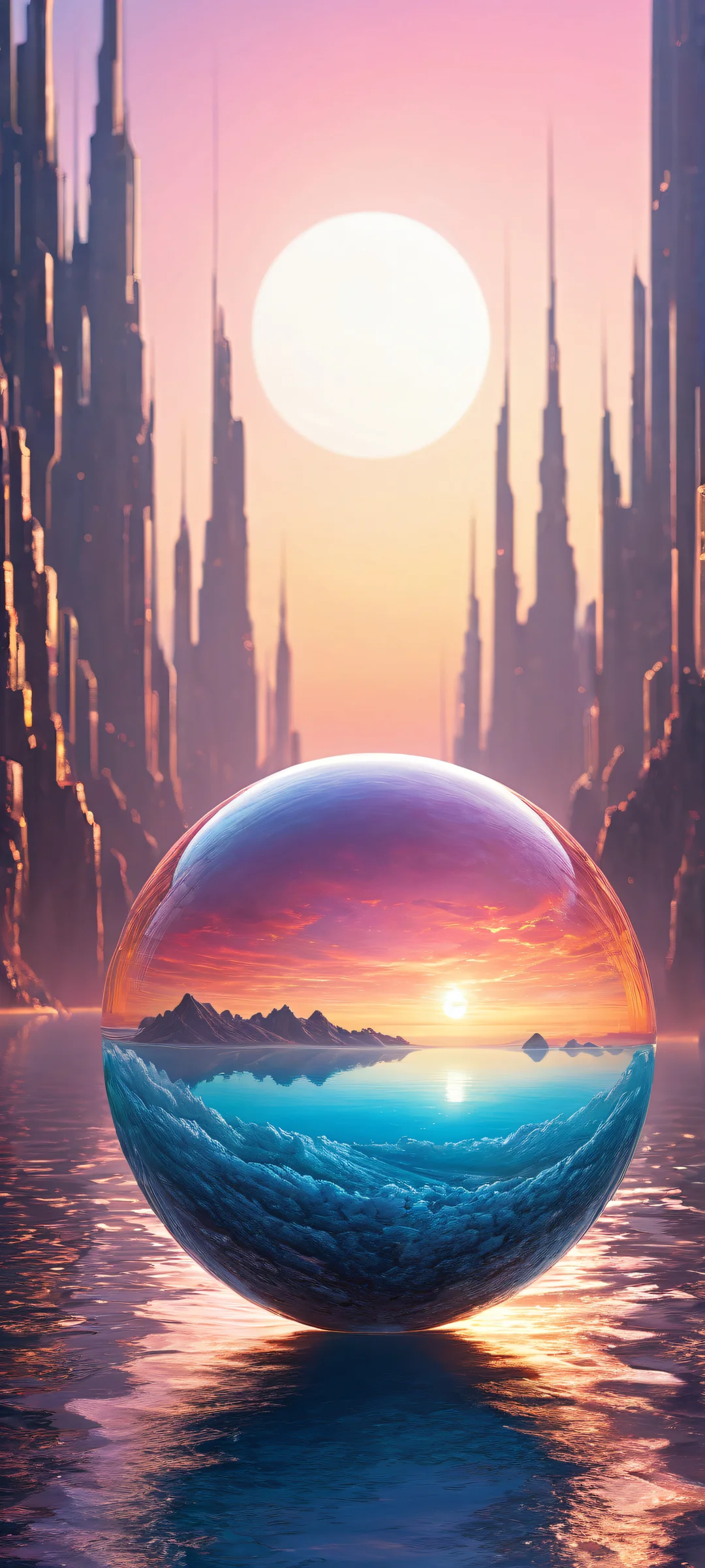 A stunning vertical portrait of ethereal spheres on a clean and empty background, iPhone/Androidのホーム画面に完全に最適化.