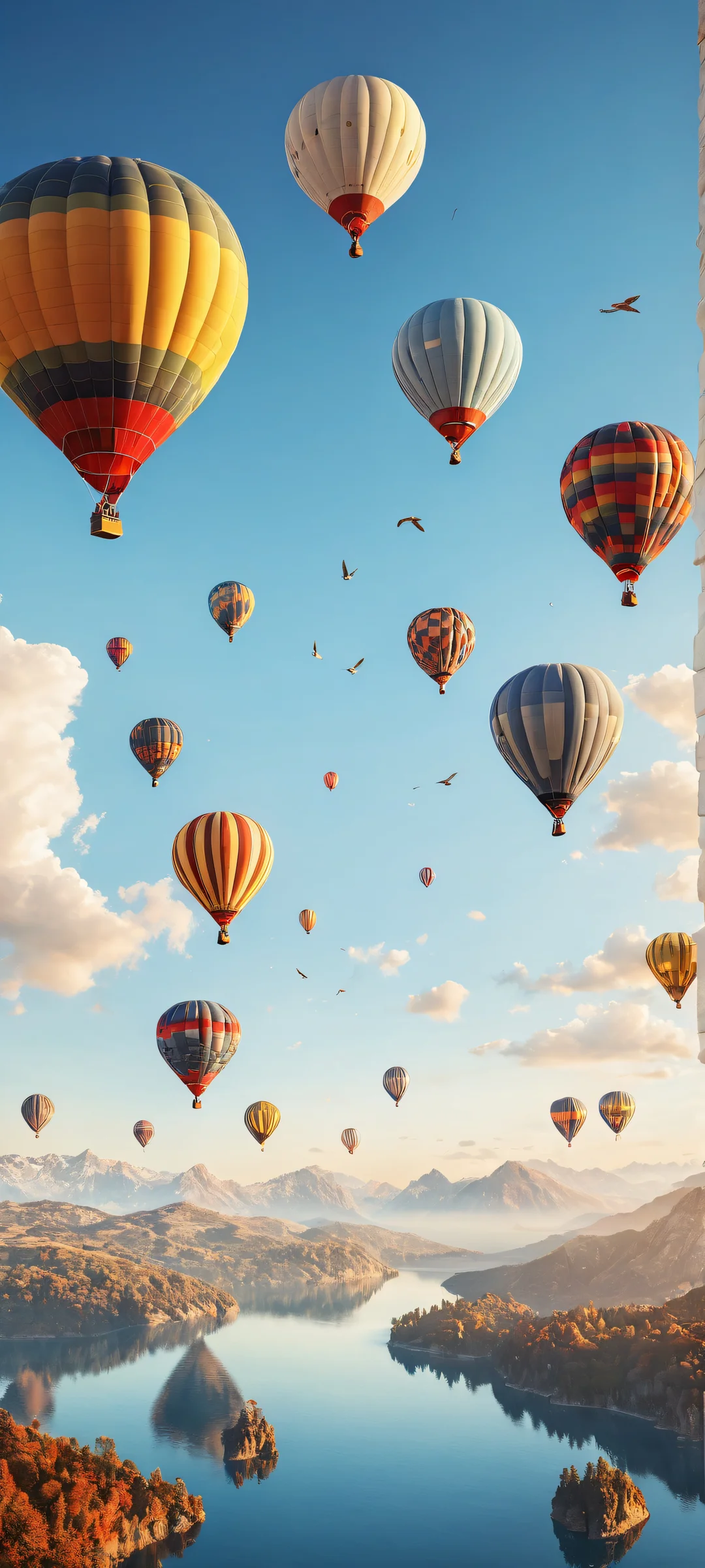A breathtaking vertical portrait of hot air balloons soaring against a pristine blue sky with intricate micro-details of clouds and birds, perfect for iPhone/Android home screens.