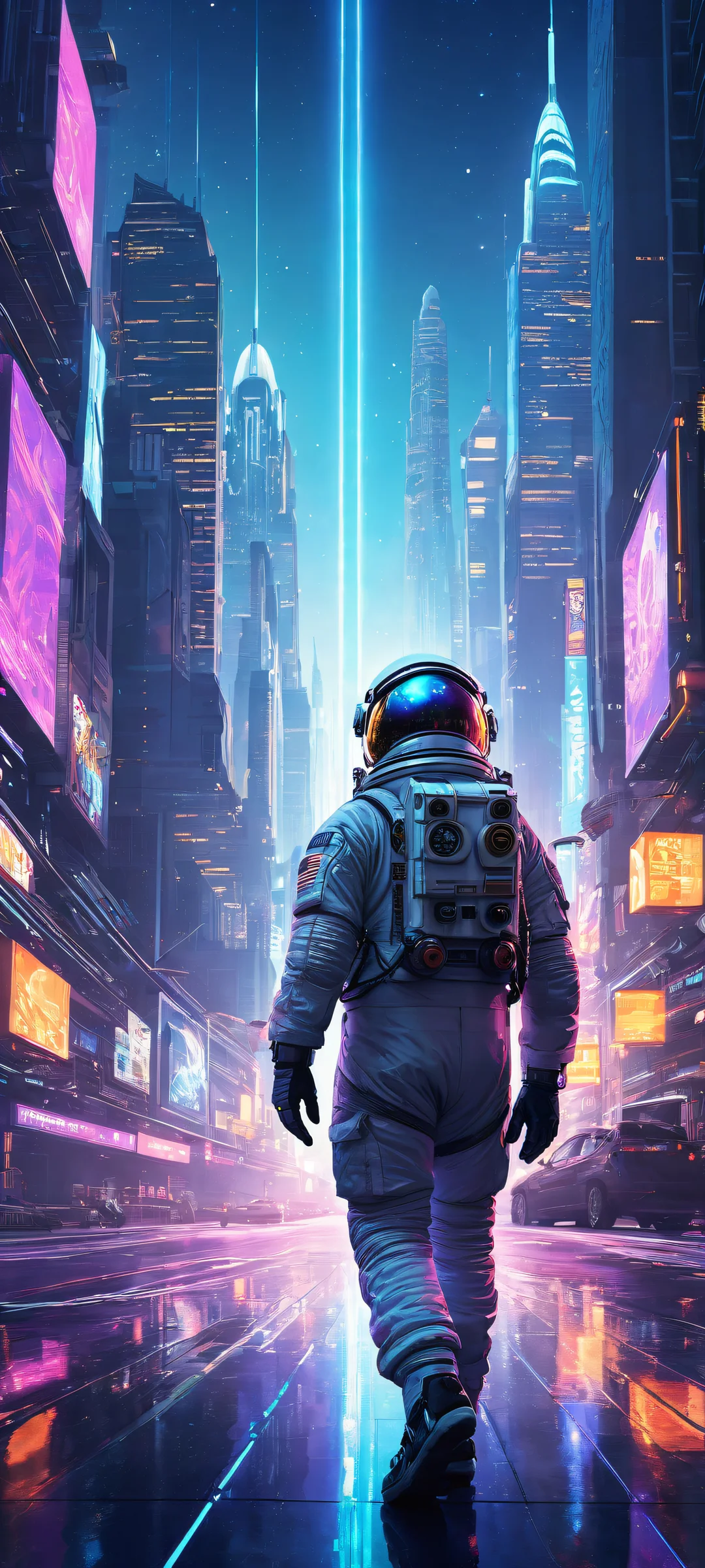 A lone astronaut stands out against a stunning backdrop of a futuristic cityscape on an iPhone/Android device.
