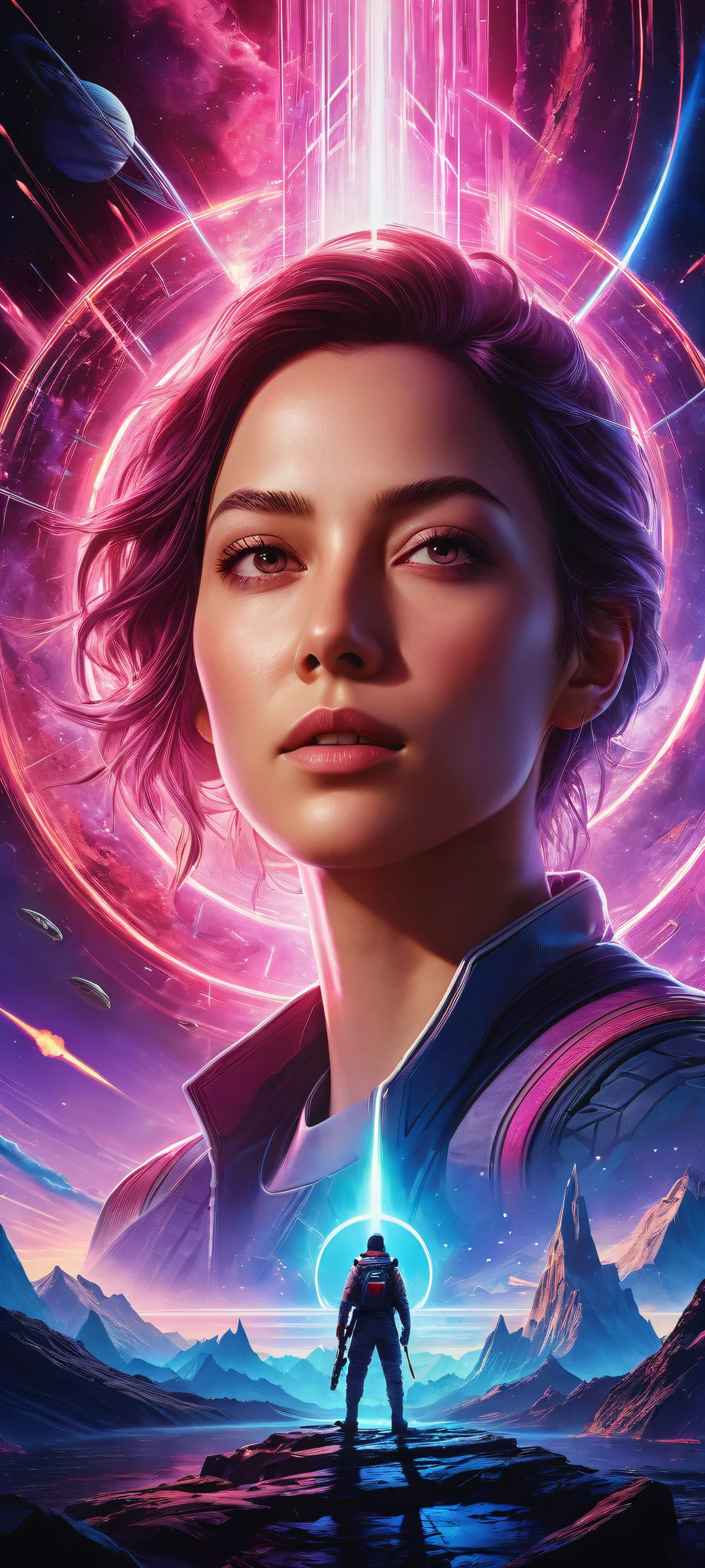 Immerse yourself in this stunning iPhone/Android wallpaper featuring breathtaking PlayStation characters set against a vast void and 8K video game-inspired textures, with ethereal lighting and radiant colors.