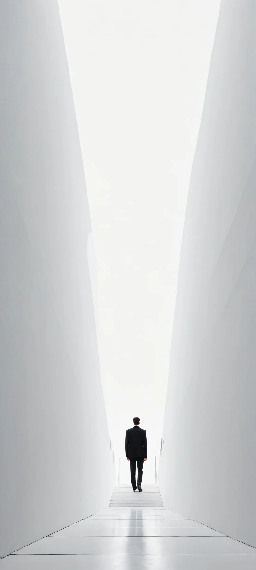 A lone figure pauses mid-step, casting two opposing shadows on the infinite staircase, with a crescent moon triangle in the top half.