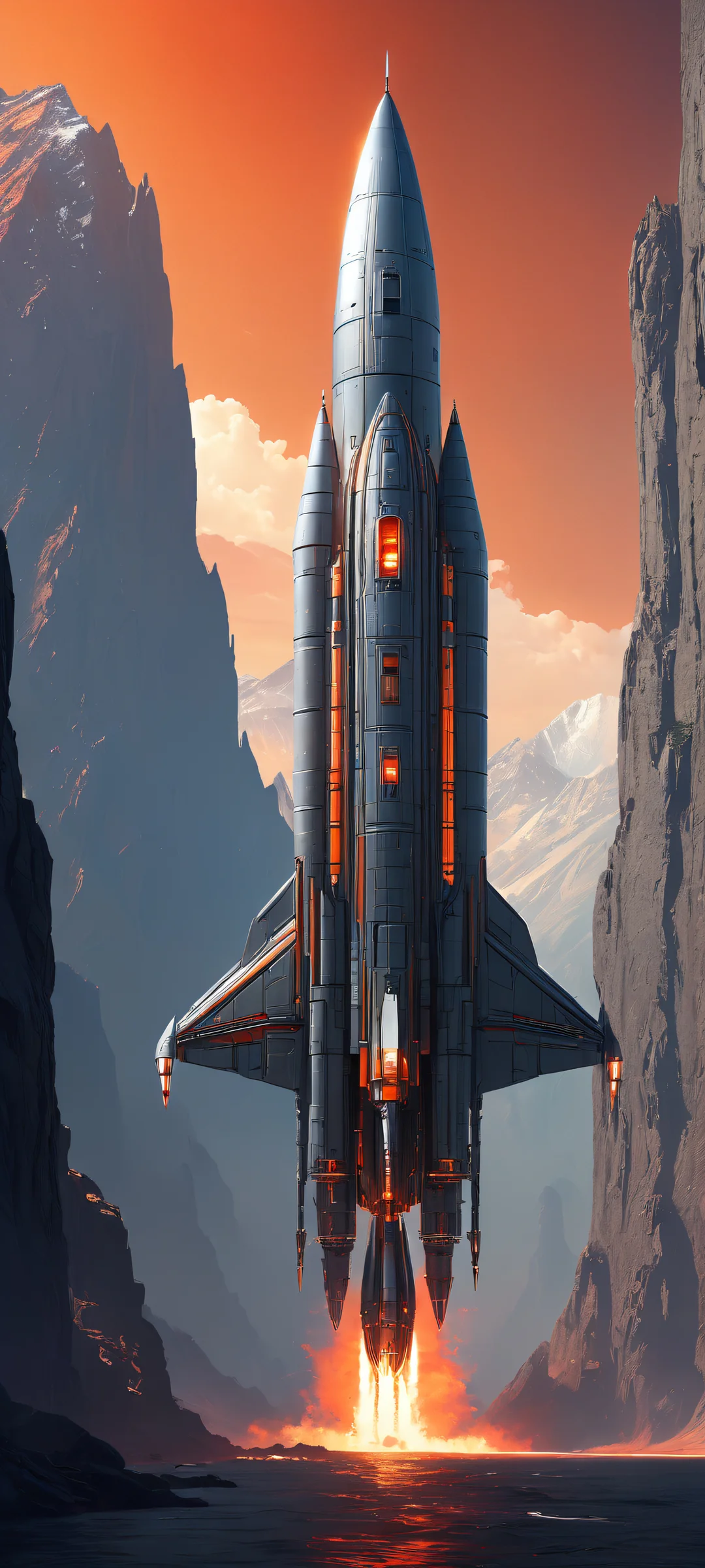 A spaceship majestically placed in the lower-middle of this breathtaking vertical portrait artwork, perfekt optimiert für iPhone- und Android-Startbildschirme. The top half is a vast pure void that contrasts beautifully with the intricate details of the metallic textures and futuristic machinery.