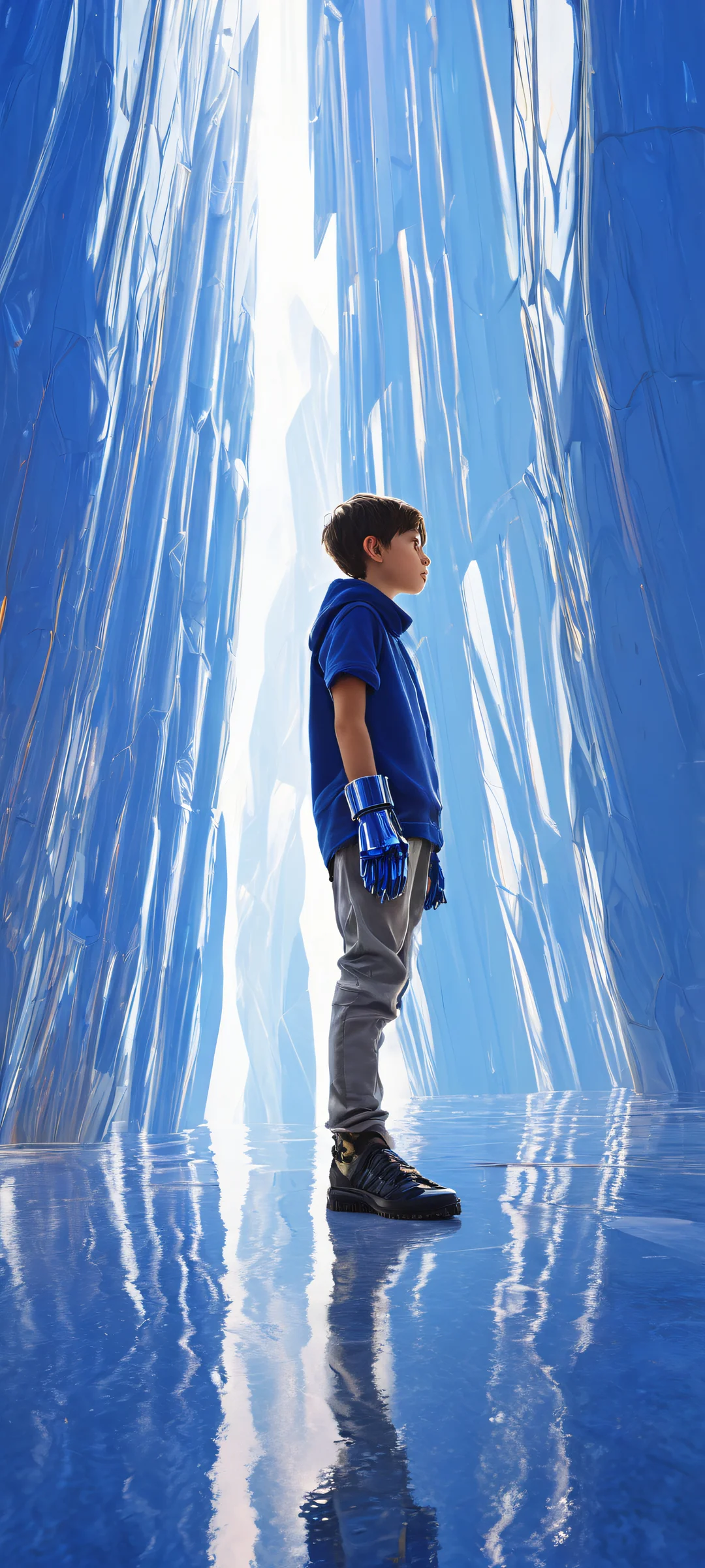 A lone boy with futuristic gloves stands in a vast void on iPhone/Android home screens, featuring stunning digital art and pristine clarity.