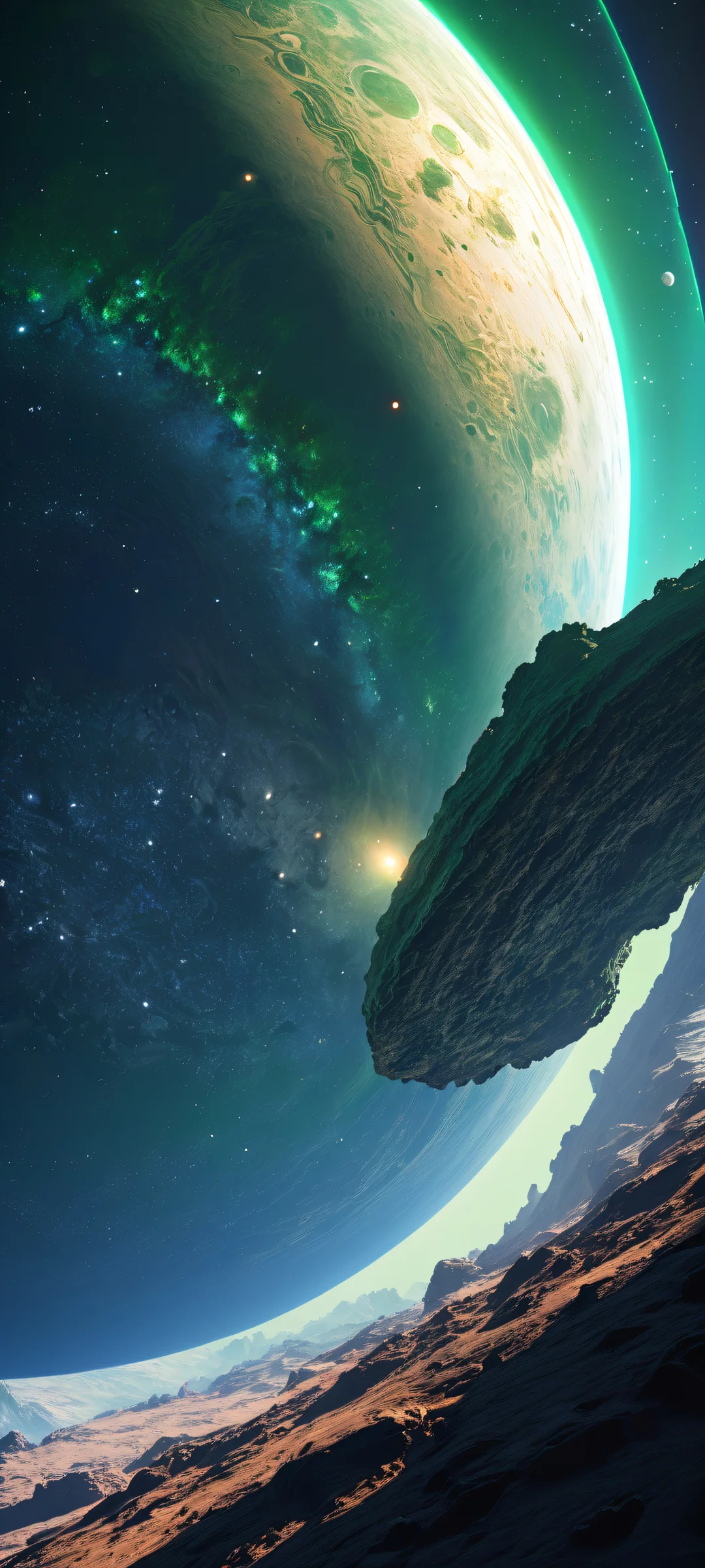 A stunning vertical portrait of stars and planetary rings on a serene nebula background for iPhone/Android