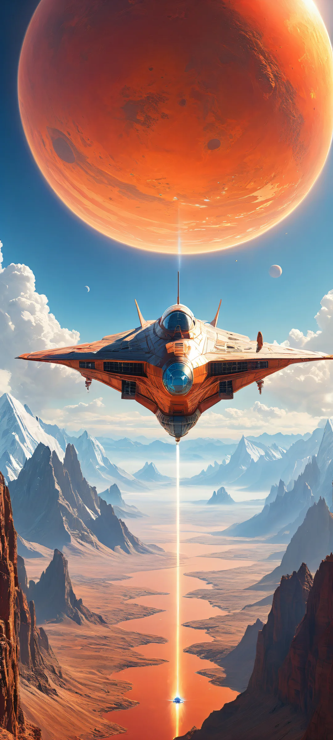 Ethereal Odyssey 2K Mobile Background A spaceship soars through the void, perfectly positioned on an iPhone or Android home screen. With intricate details and stunning visual impact.